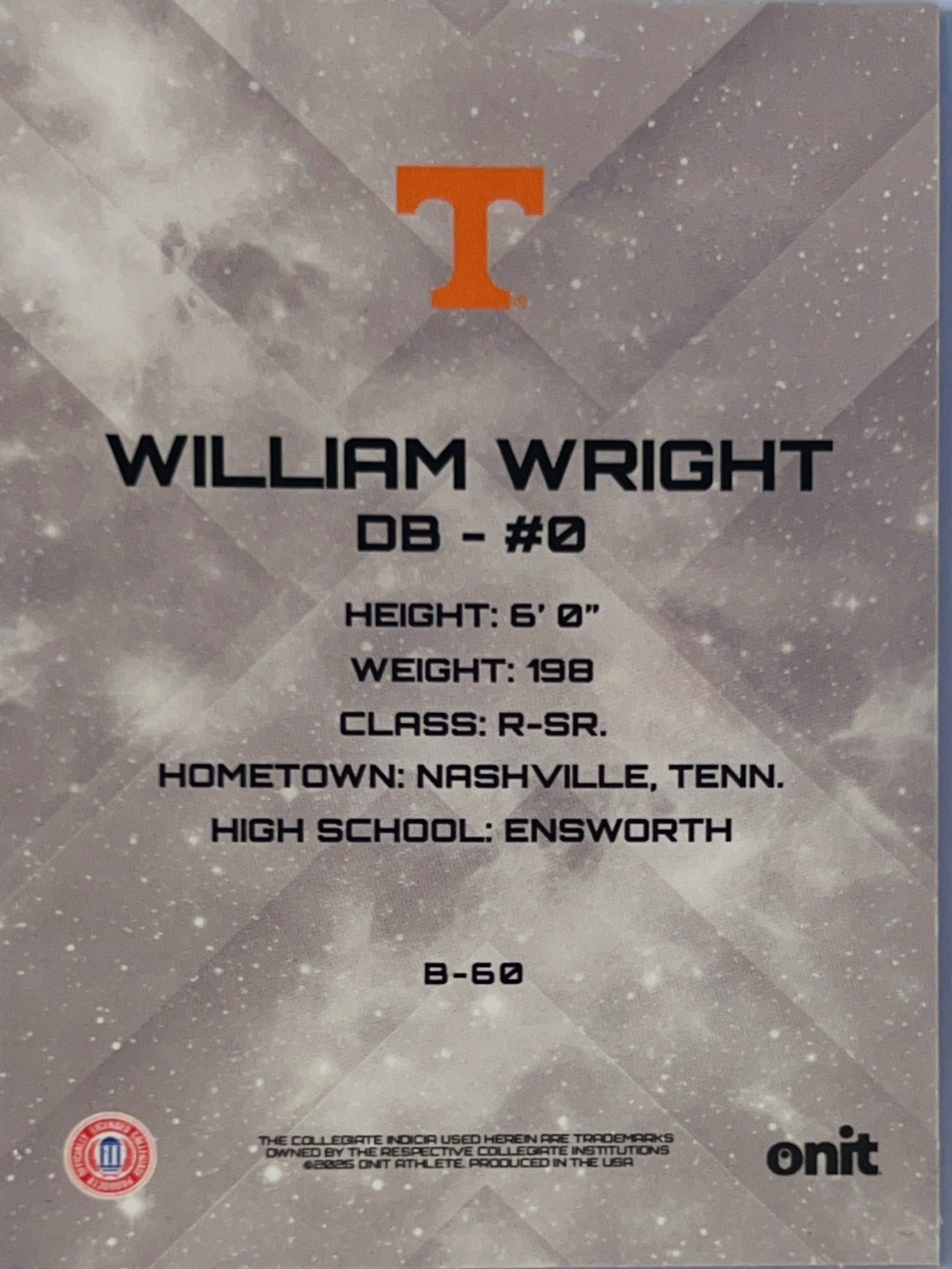 2023 Onit Tennessee Volunteers William Wright #B-60