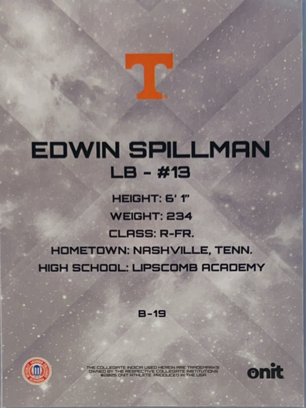 2025 Onit Tennessee Volunteers Edwin Spillman #B-19