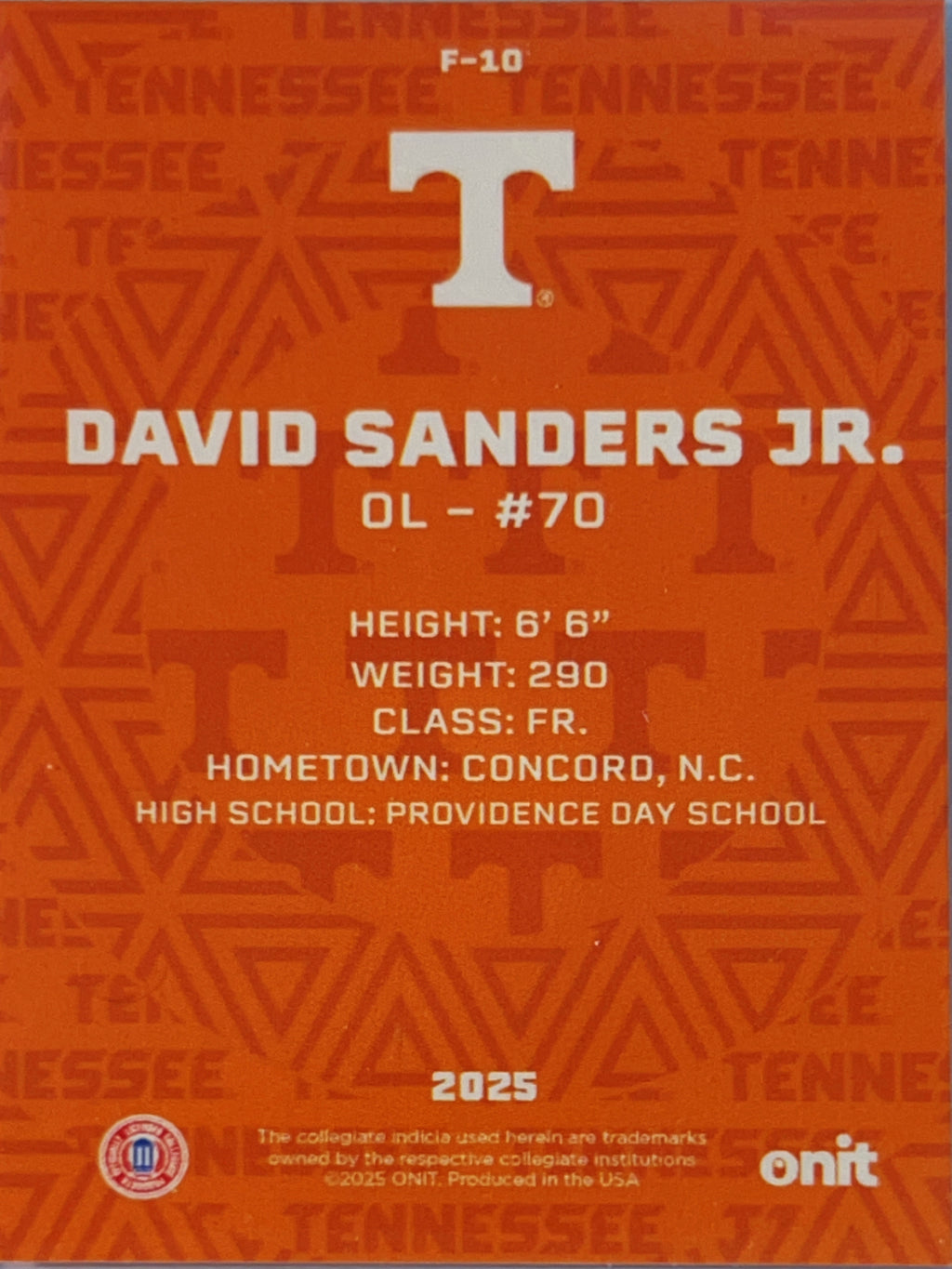2025 ONIT Tennessee Volunteers David Sanders Jr. #F-10