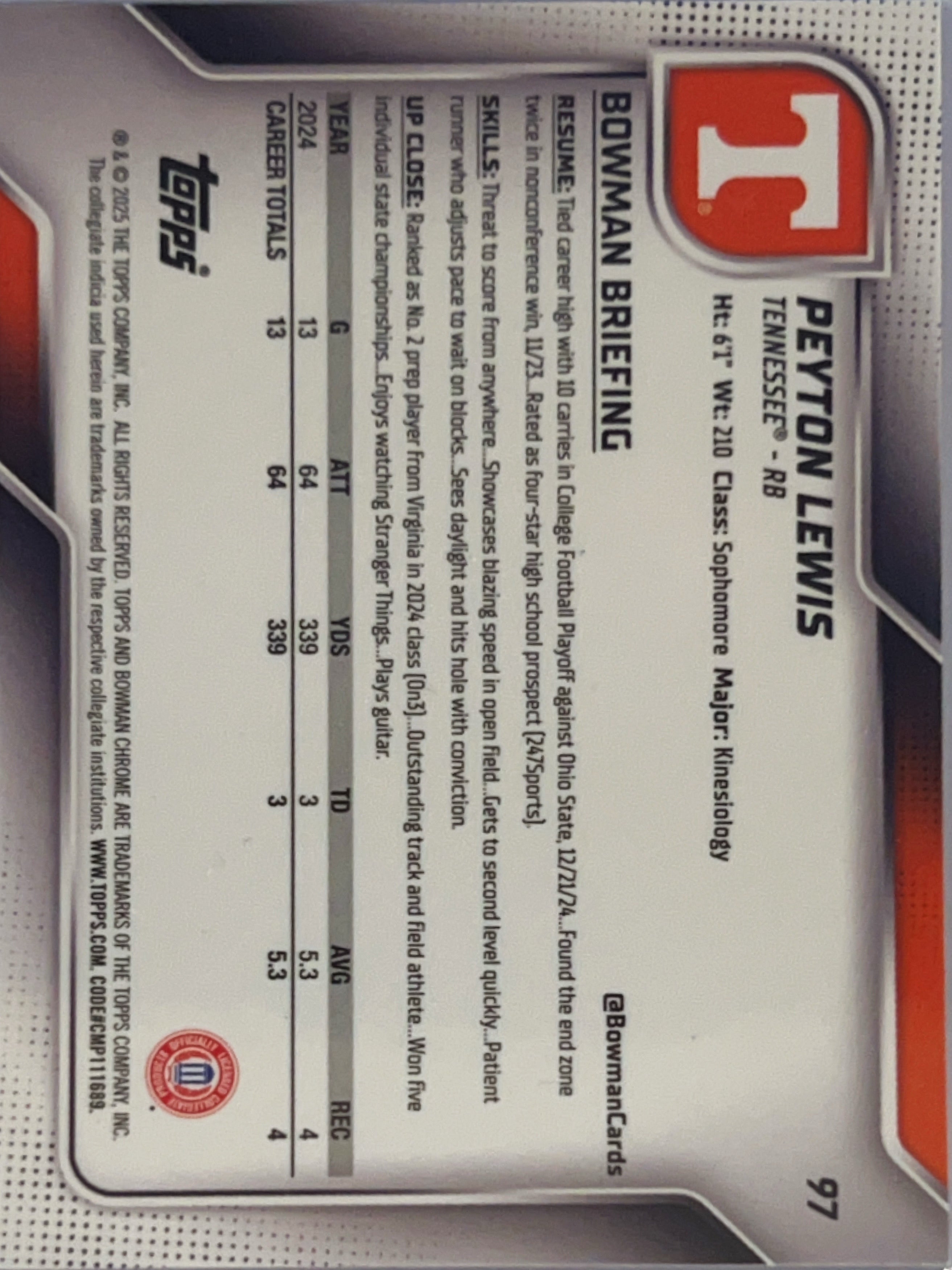 2025 Bowman Chrome University Peyton Lewis #97 Green Refractor 1st Bowman