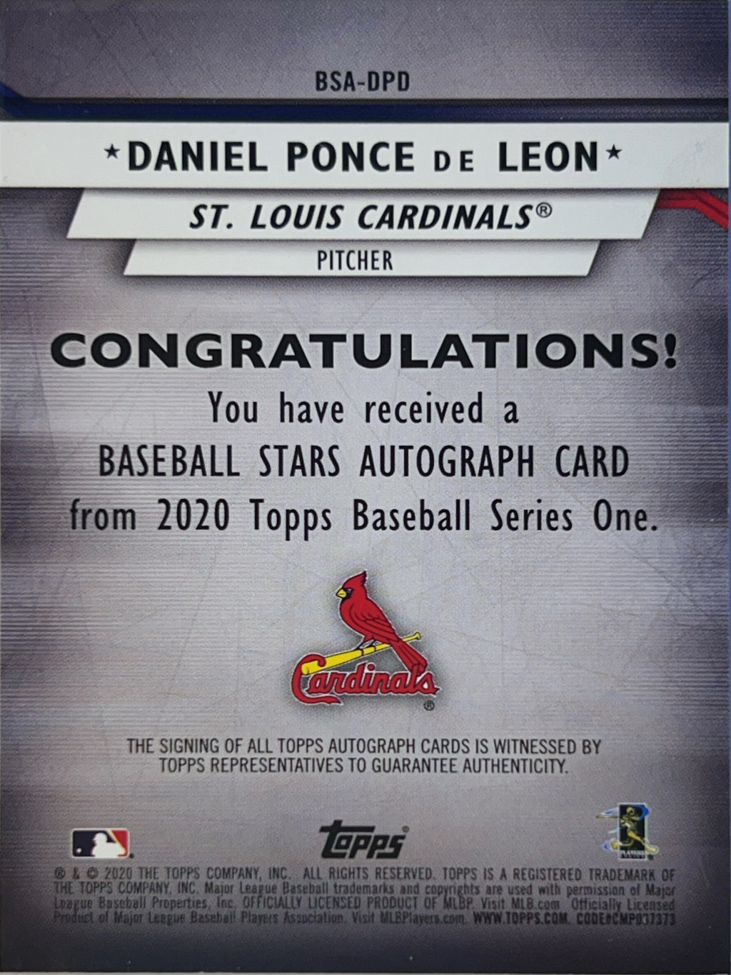 2020 Topps Baseball Series One Baseball Stars Daniel Ponce de Leon #BSA-DPD /199