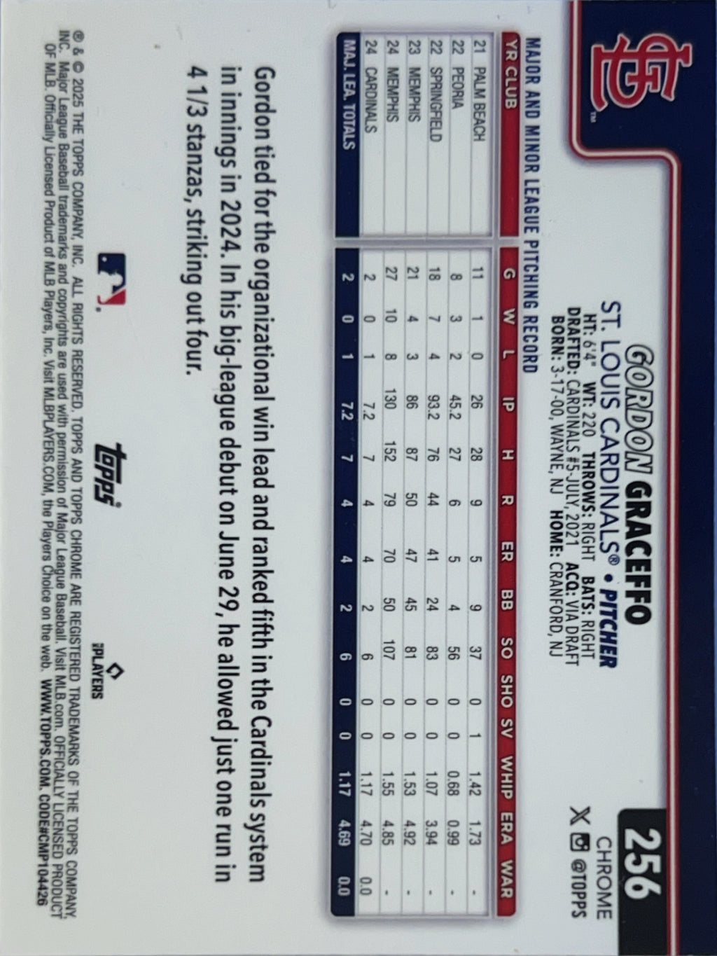 2025 Topps Chrome Gordon Graceffo #256 X-Fractor RC