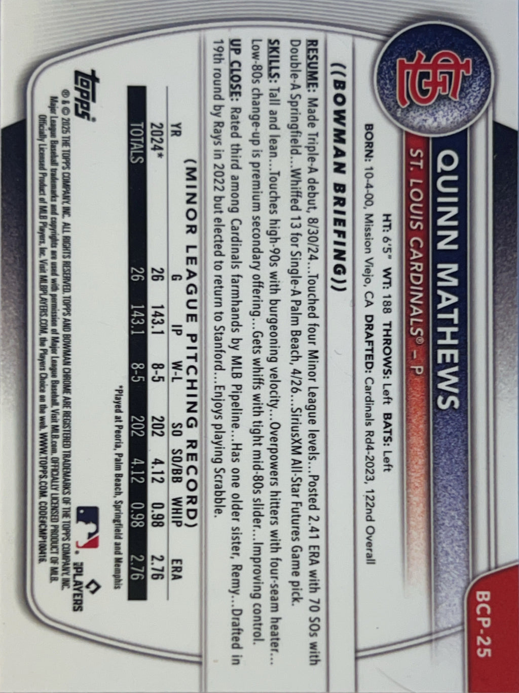 2025 Bowman Chrome Quinn Mathews #BCP-25 Reptillian Refractor 1st Bowman