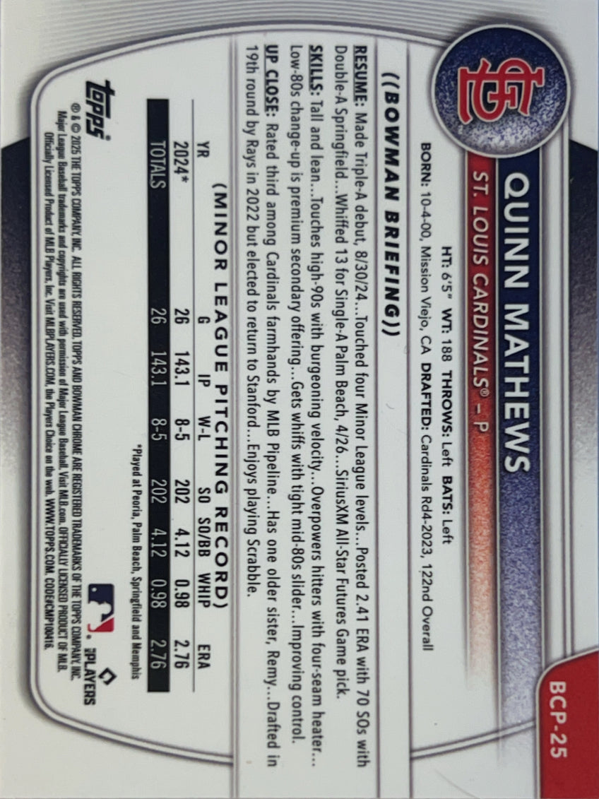2025 Bowman Chrome Quinn Mathews #BCP-25 Reptillian Refractor 1st Bowman