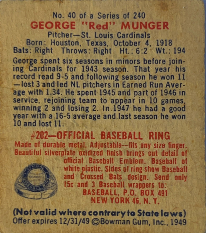 1949 Bowman George "Red" Munger #40