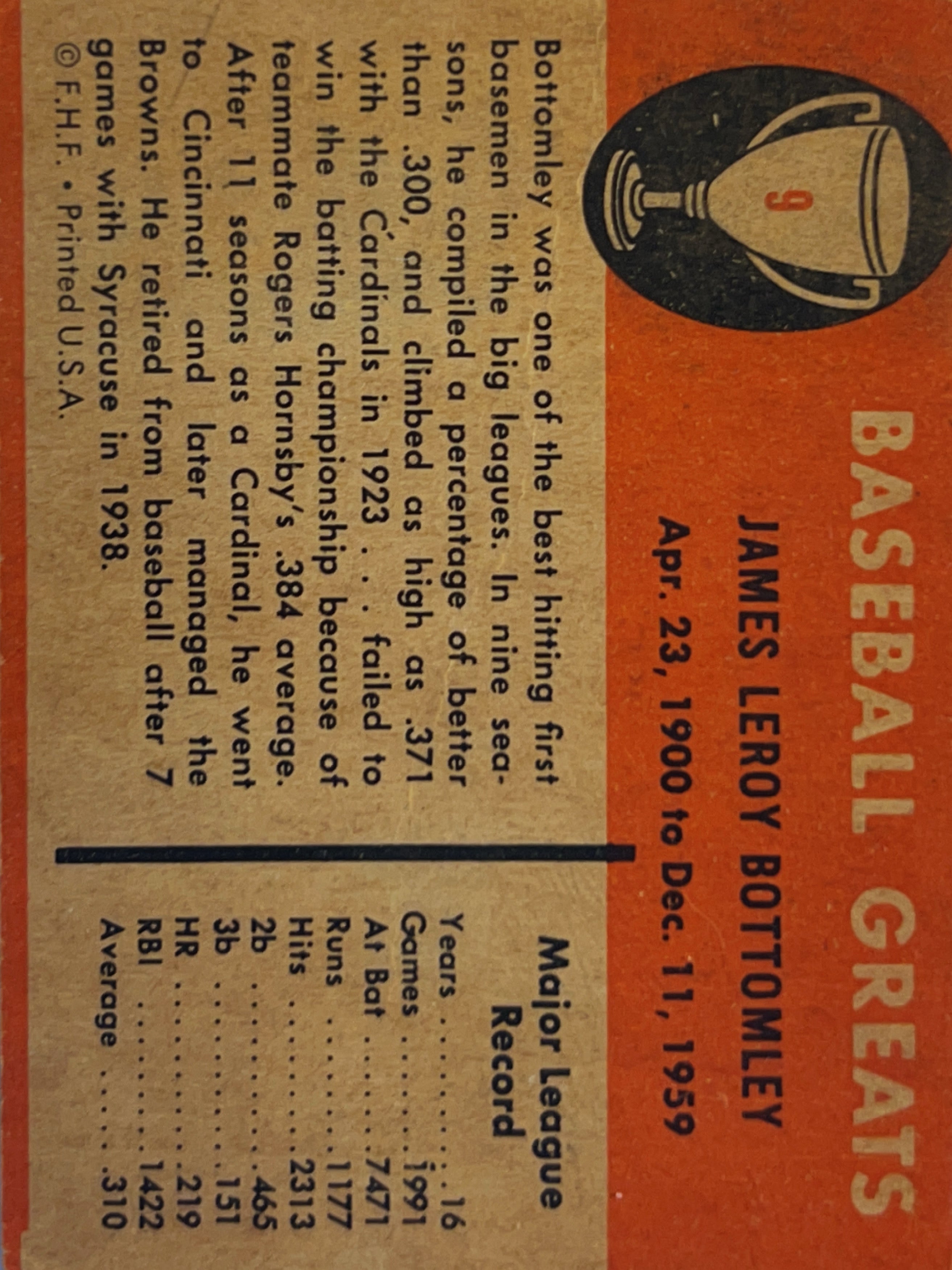 1961 Fleer Jim Bottomley #9