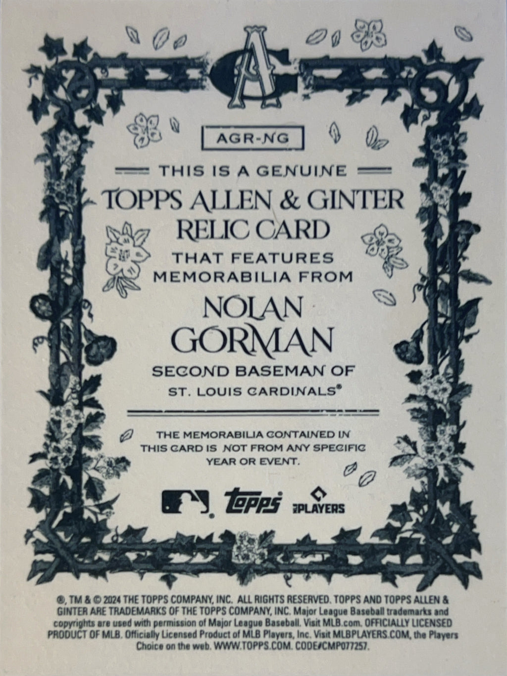 2024 Topps Allen & Ginter Nolan Gorman #AGR-NG Game-Used Memorabilia