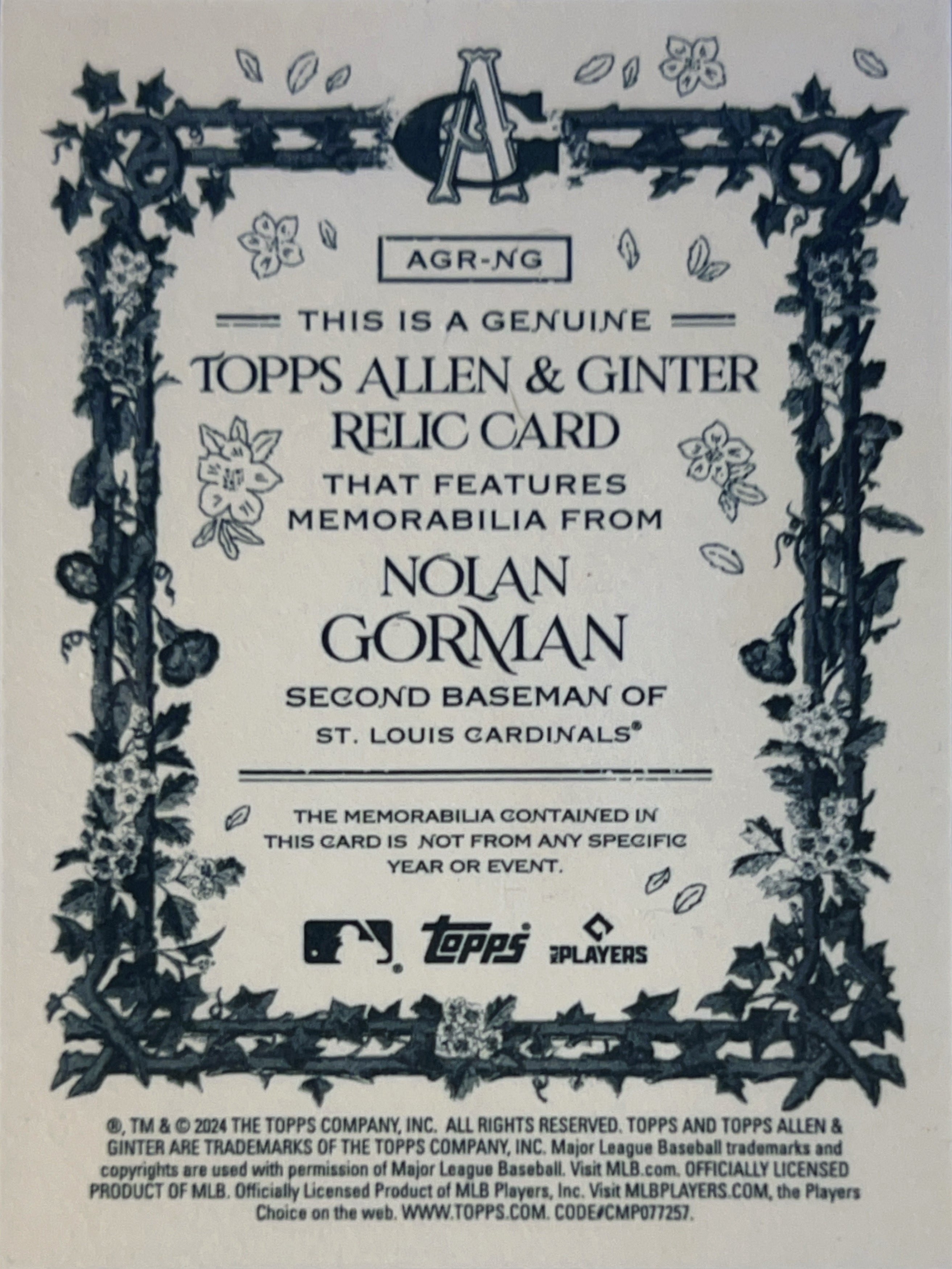 2024 Topps Allen & Ginter Nolan Gorman #AGR-NG Game-Used Memorabilia