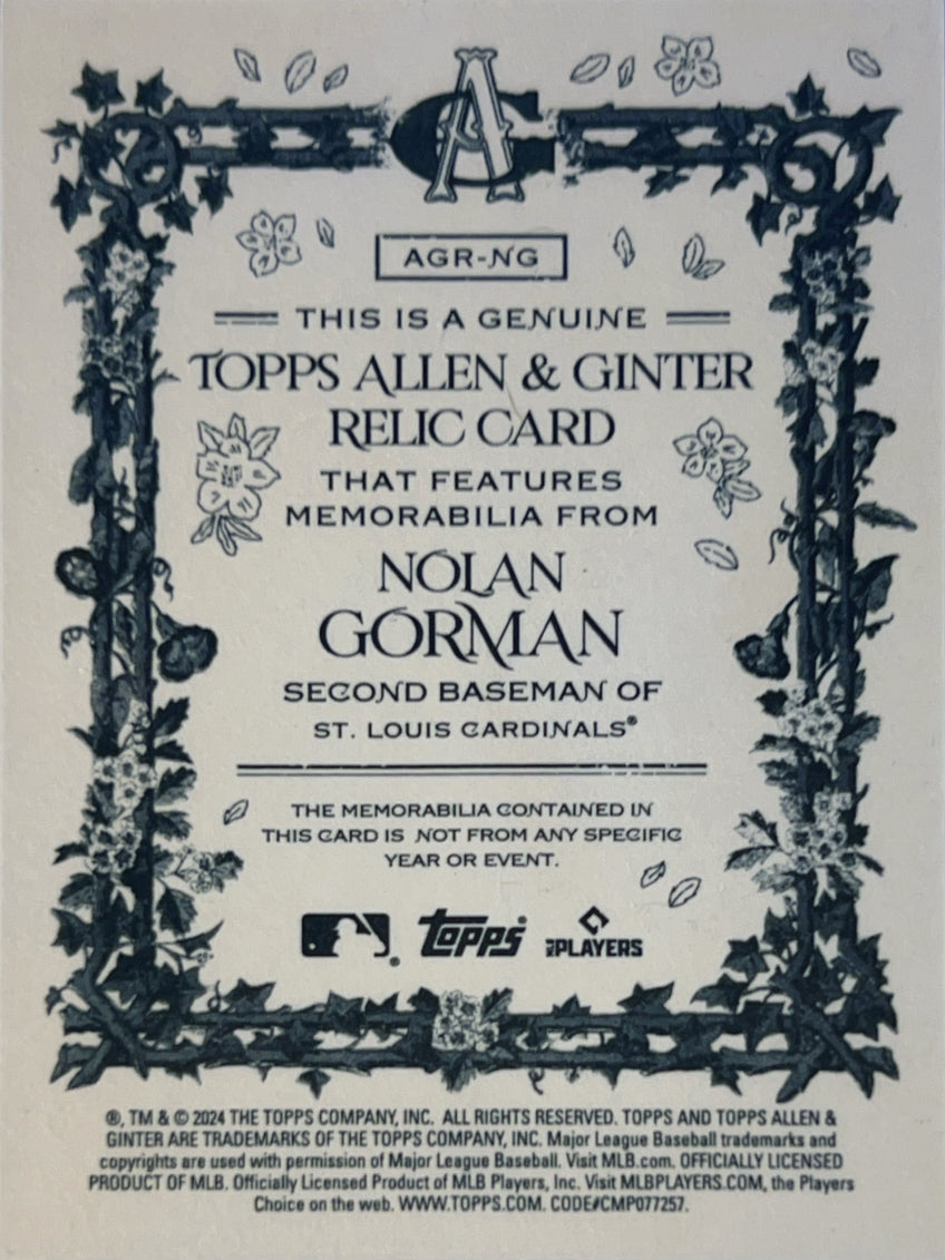 2024 Topps Allen & Ginter Nolan Gorman #AGR-NG Game-Used Memorabilia