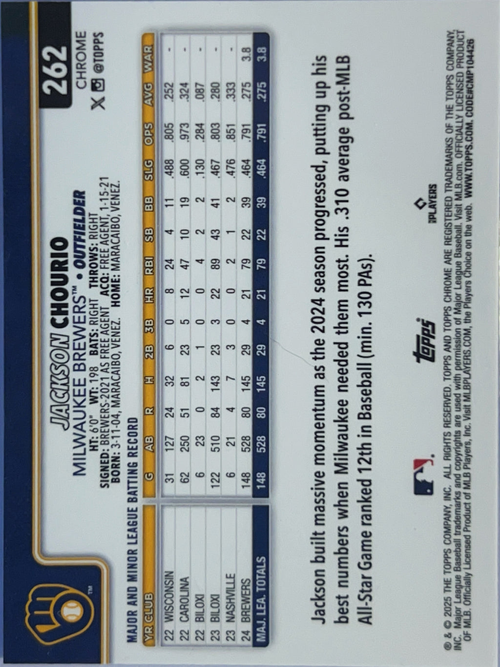 2025 Topps Chrome Jackson Chourio #262 Prism Refractor