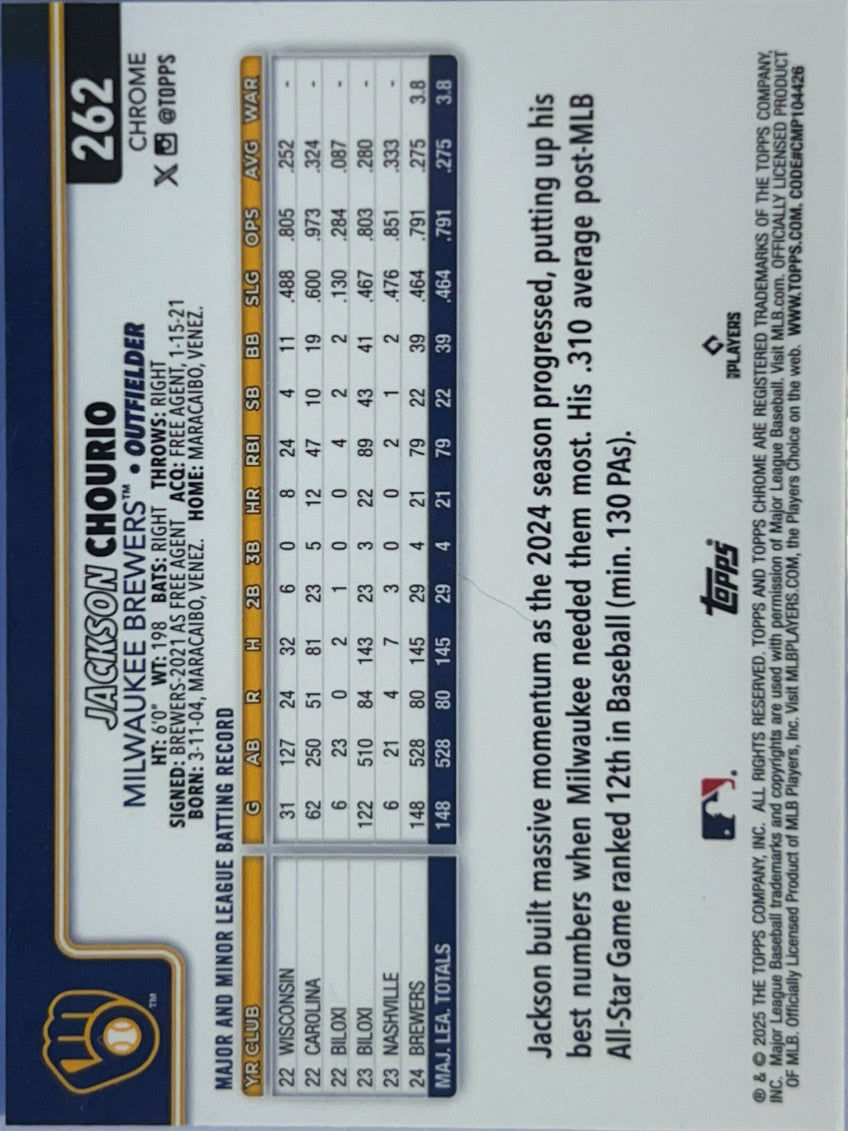 2025 Topps Chrome Jackson Chourio #262 Prism Refractor