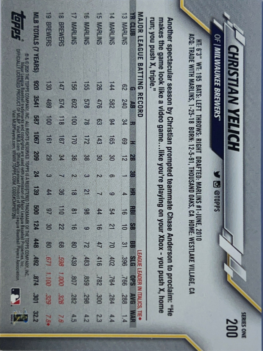2020 Topps Series One Christian Yelich #200 Rainbow Foil