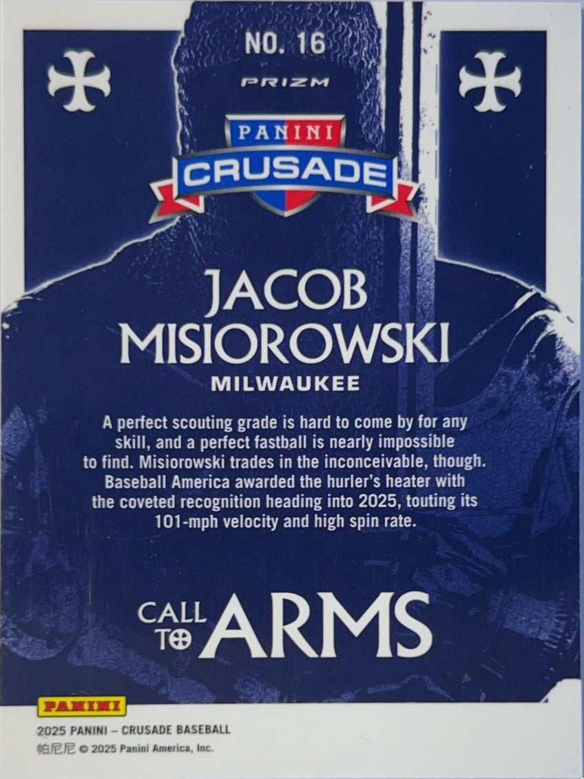 2025 Panini Crusade Prizm Call to Arms Jacob Misiorowski #16 Blue