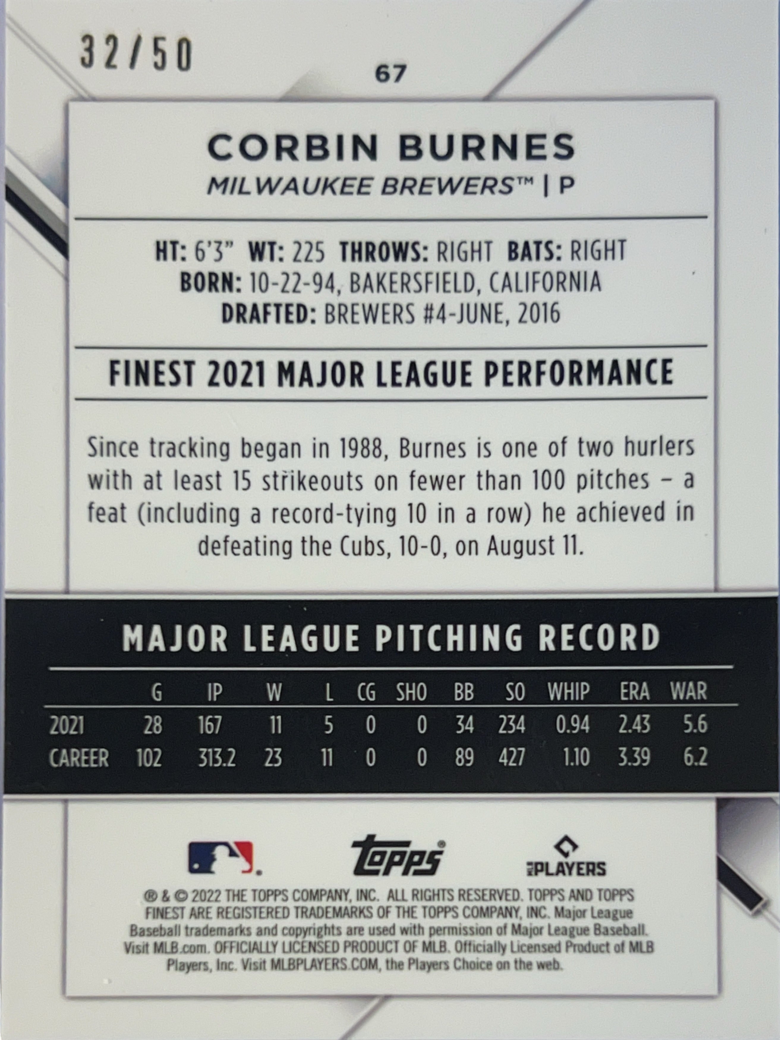 2022 Topps Finest Corbin Burnes #67 Orange Mini-Diamond Refractor /50