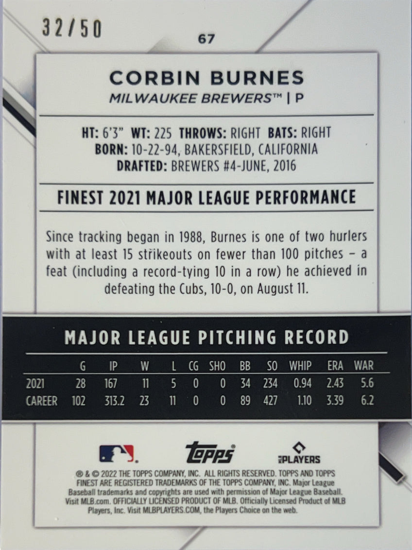2022 Topps Finest Corbin Burnes #67 Orange Mini-Diamond Refractor /50