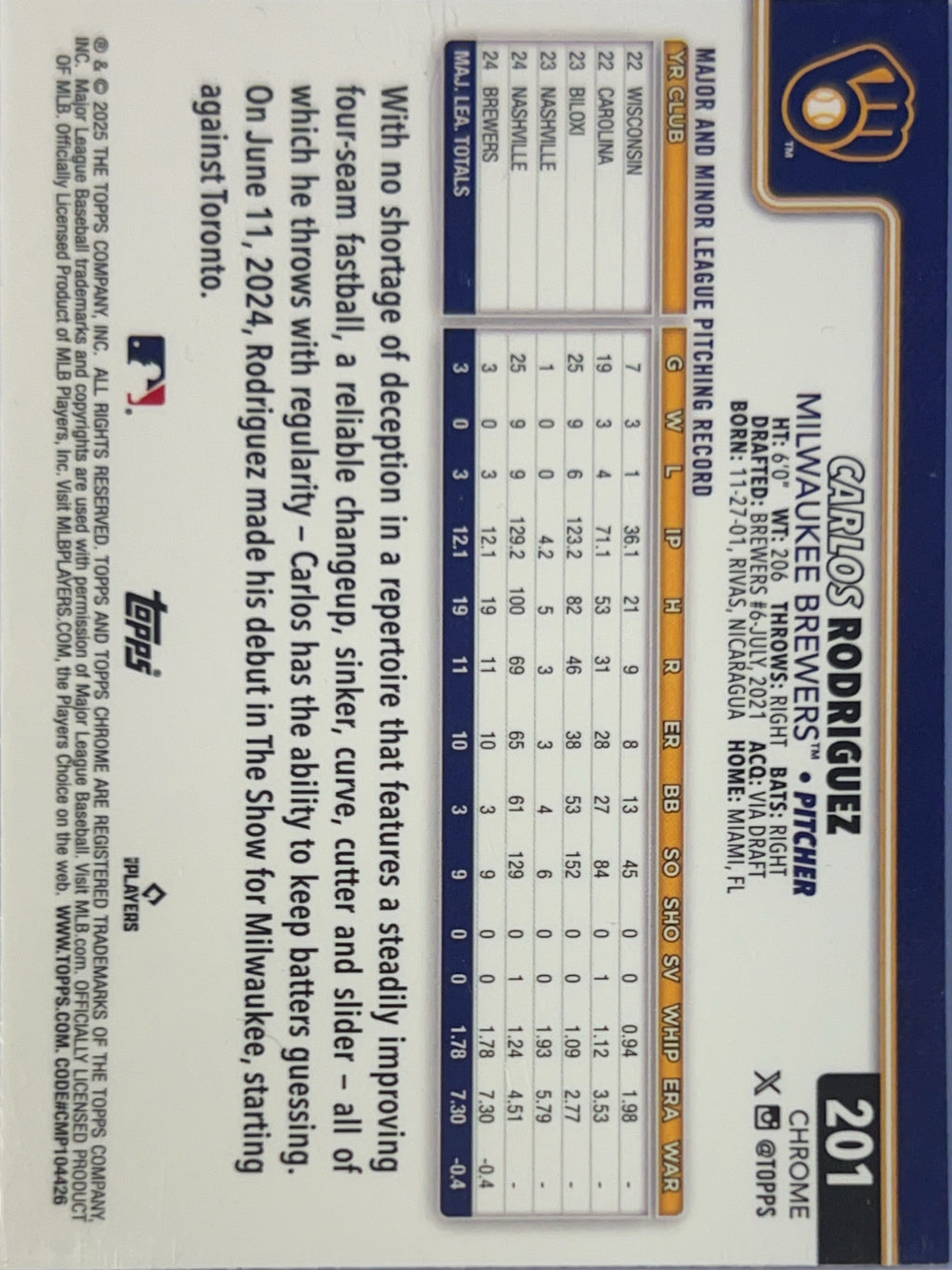 2025 Topps Chrome Carlos Rodriguez #201 X-Fractor RC