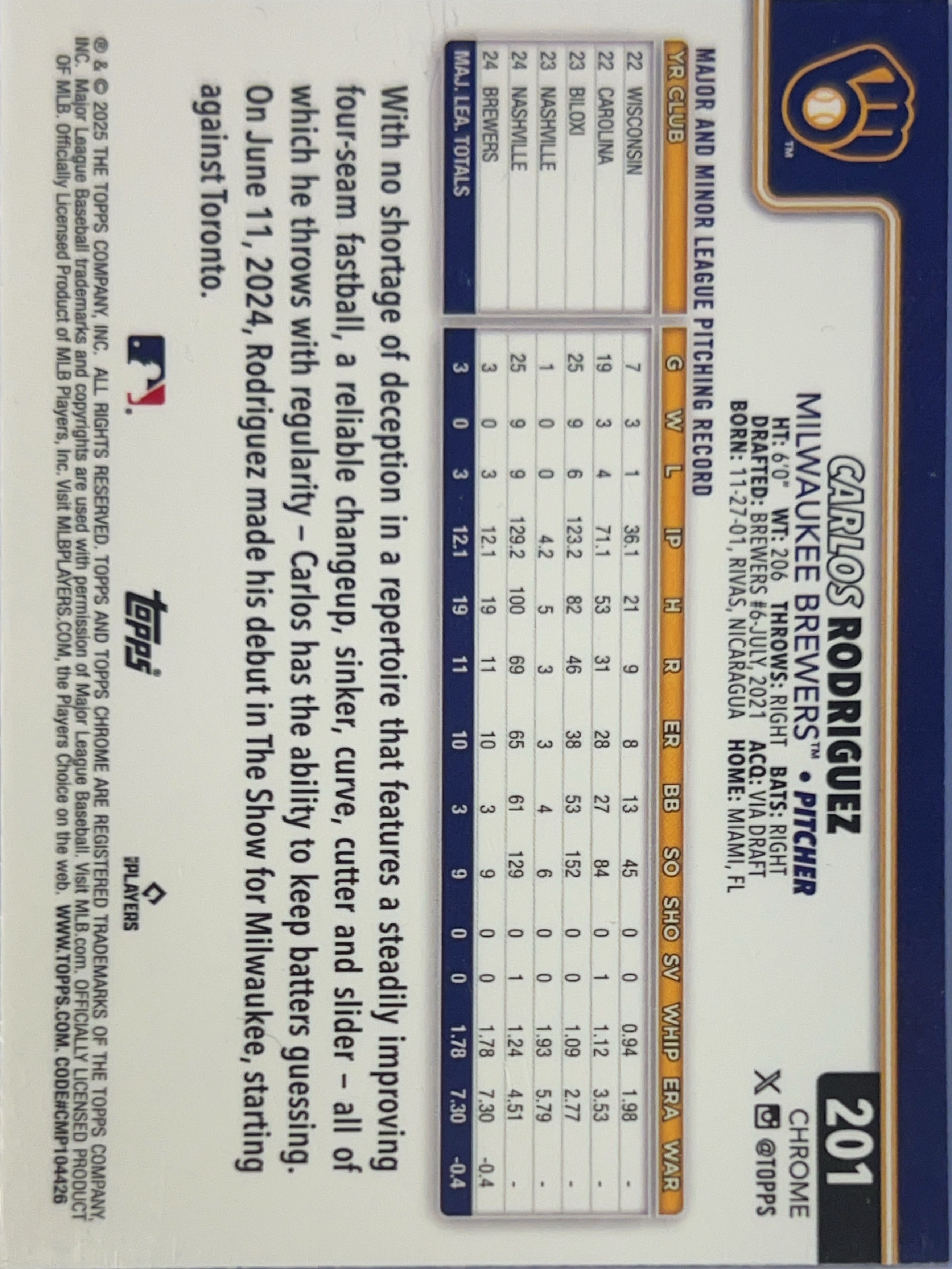 2025 Topps Chrome Carlos Rodriguez #201 X-Fractor RC