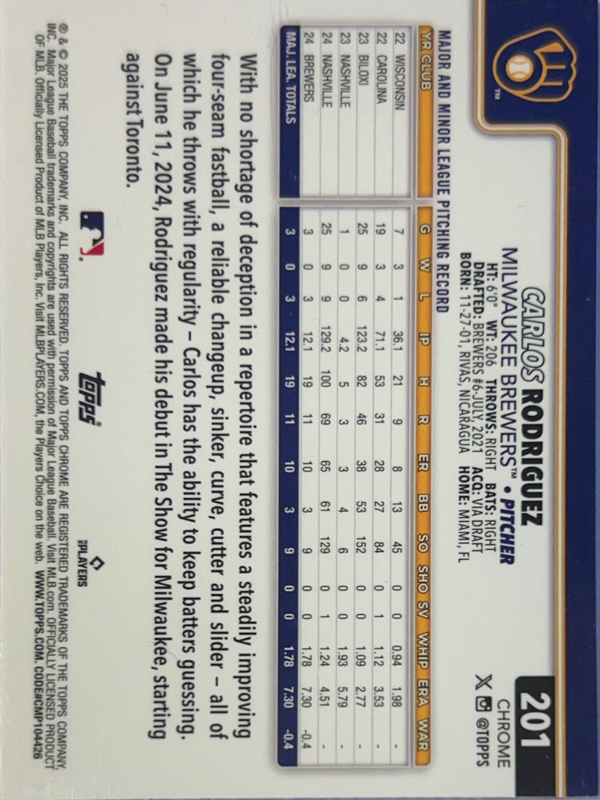 2025 Topps Chrome Carlos Rodriguez #201 X-Fractor RC