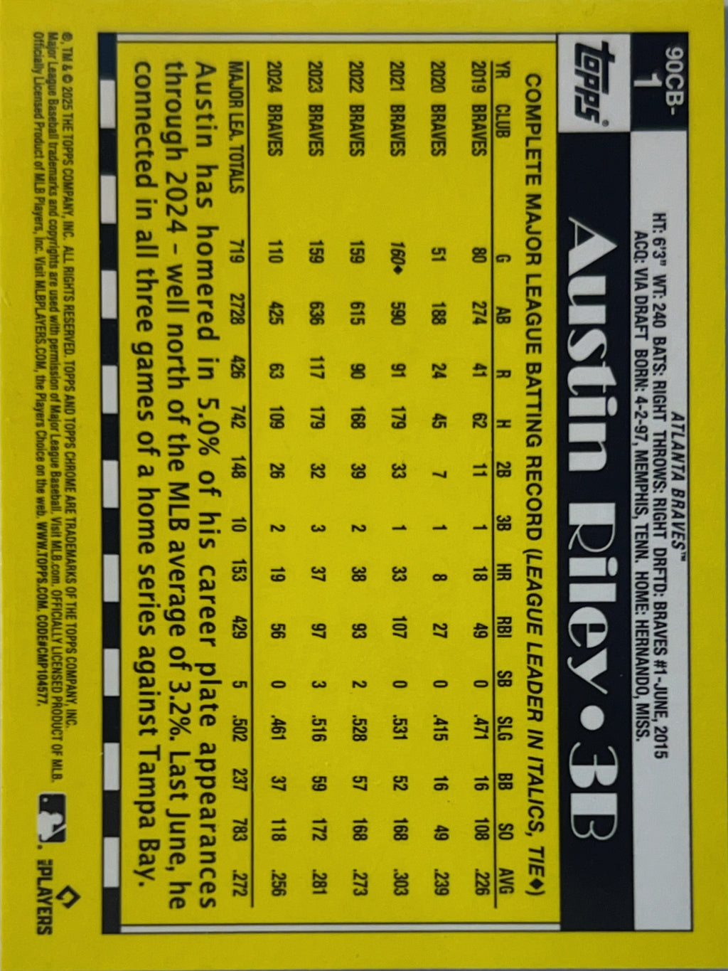 2025 Topps Chrome Austin Riley #90CB-1 Red Refractor