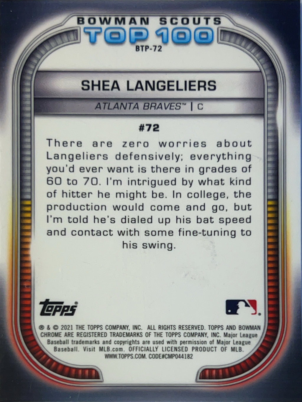 2021 Bowman Chrome Bowman Scouts Top 100 Shea Langeliers #BTP-72 Refractor