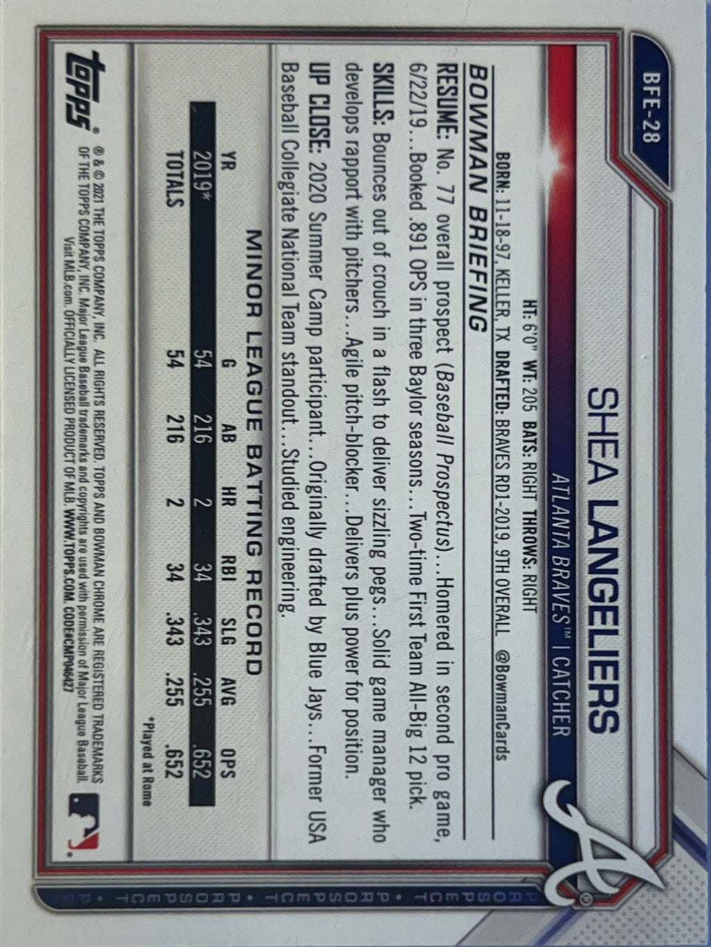 2021 Bowman 1st Edition Shea Langeliers #BFE-28 Blue Foil /150 1st Edition