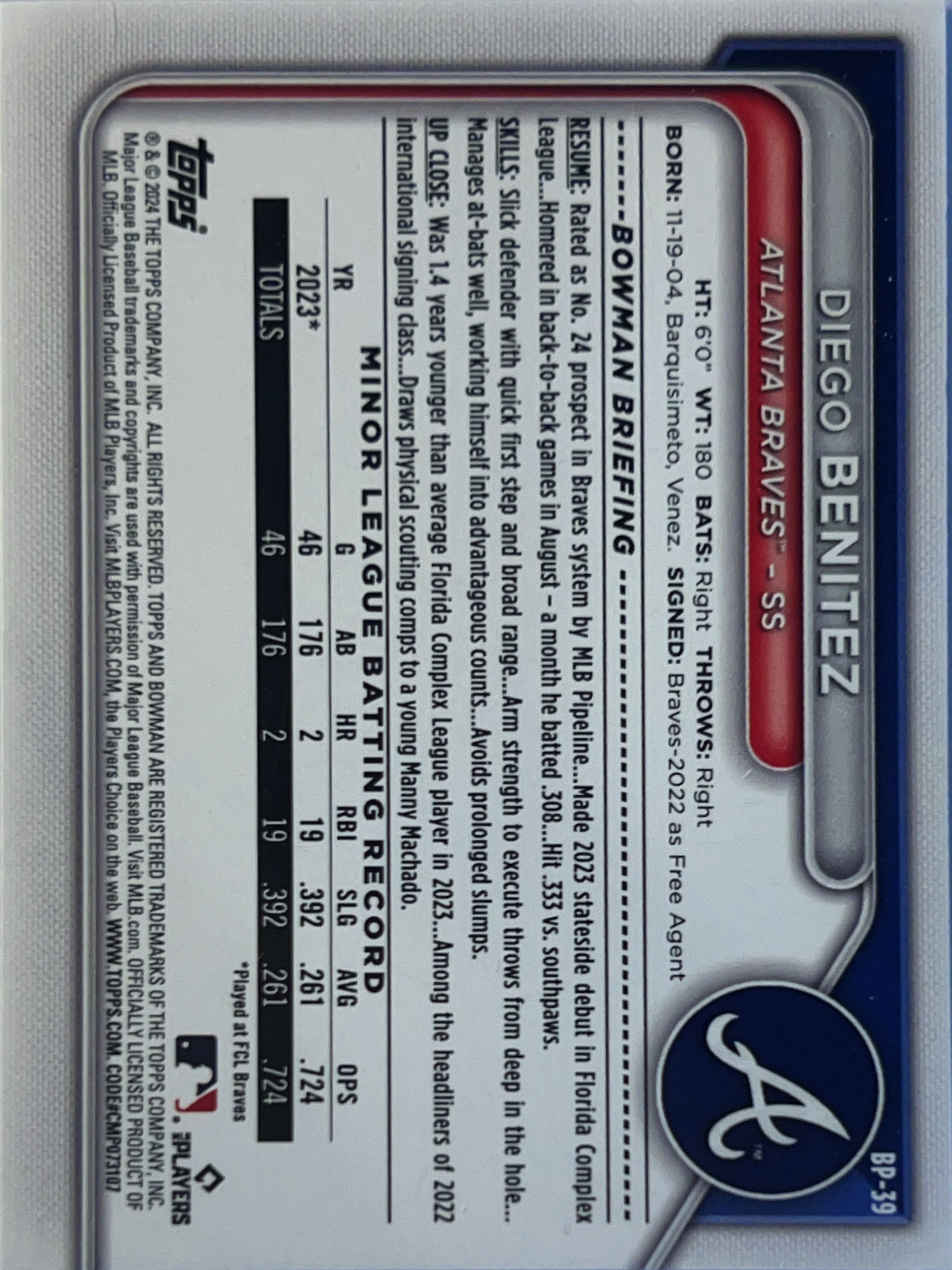 2024 Bowman Diego Benitez #BP-39 Blue /499 1st Bowman