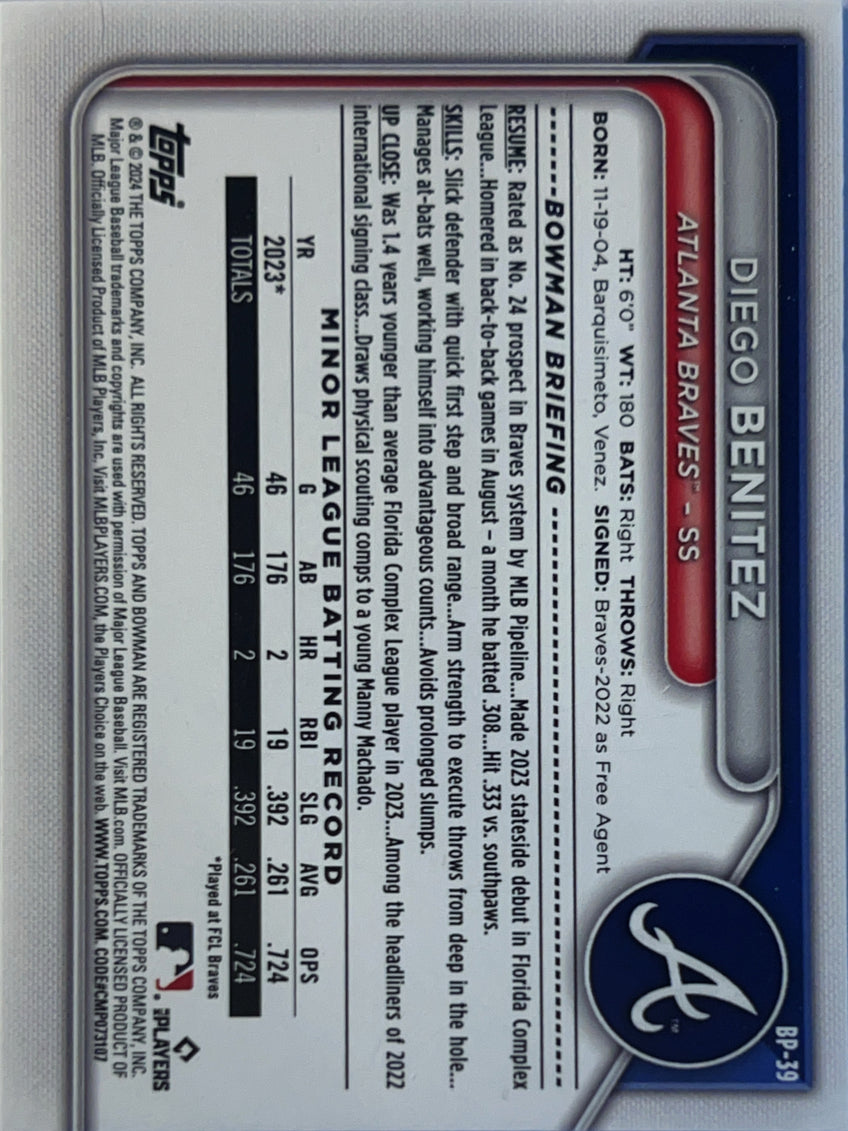 2024 Bowman Diego Benitez #BP-39 Blue /499 1st Bowman
