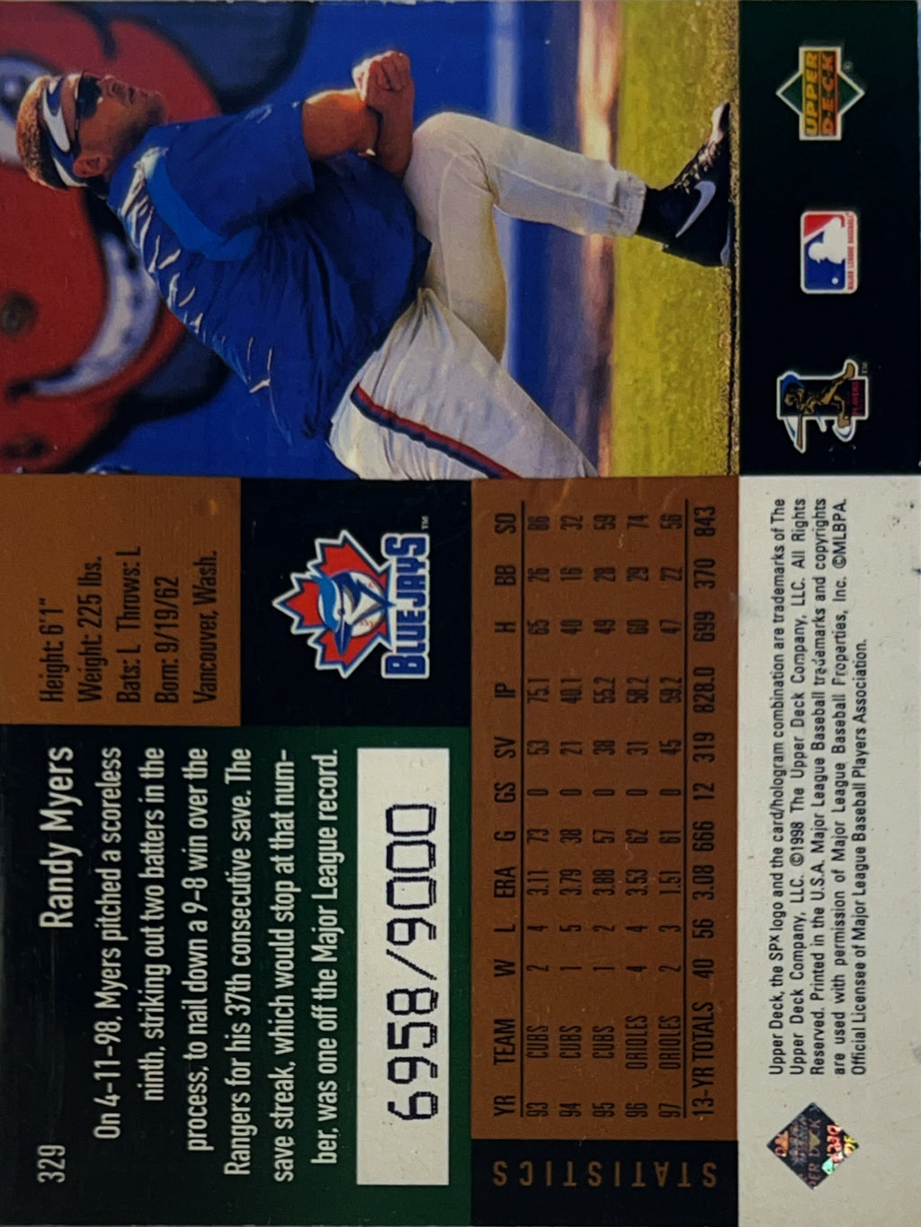 1998 Upper Deck SPx Finite Randy Myers #329 6958/9000