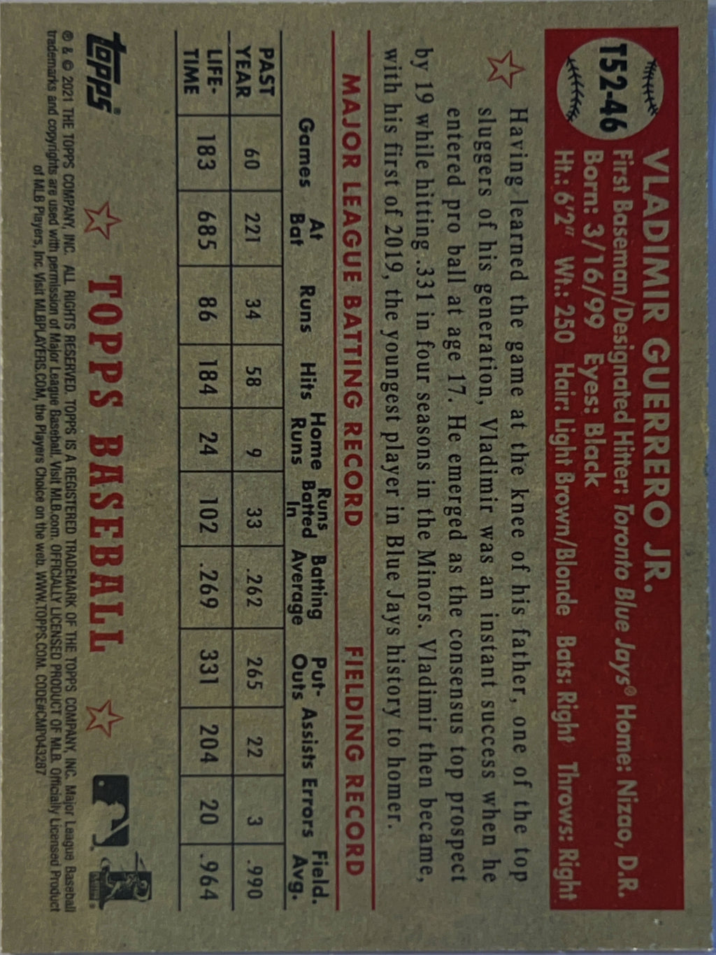 2021 Topps 1952 Topps Redux Vladimir Guerrero Jr. #T52-46