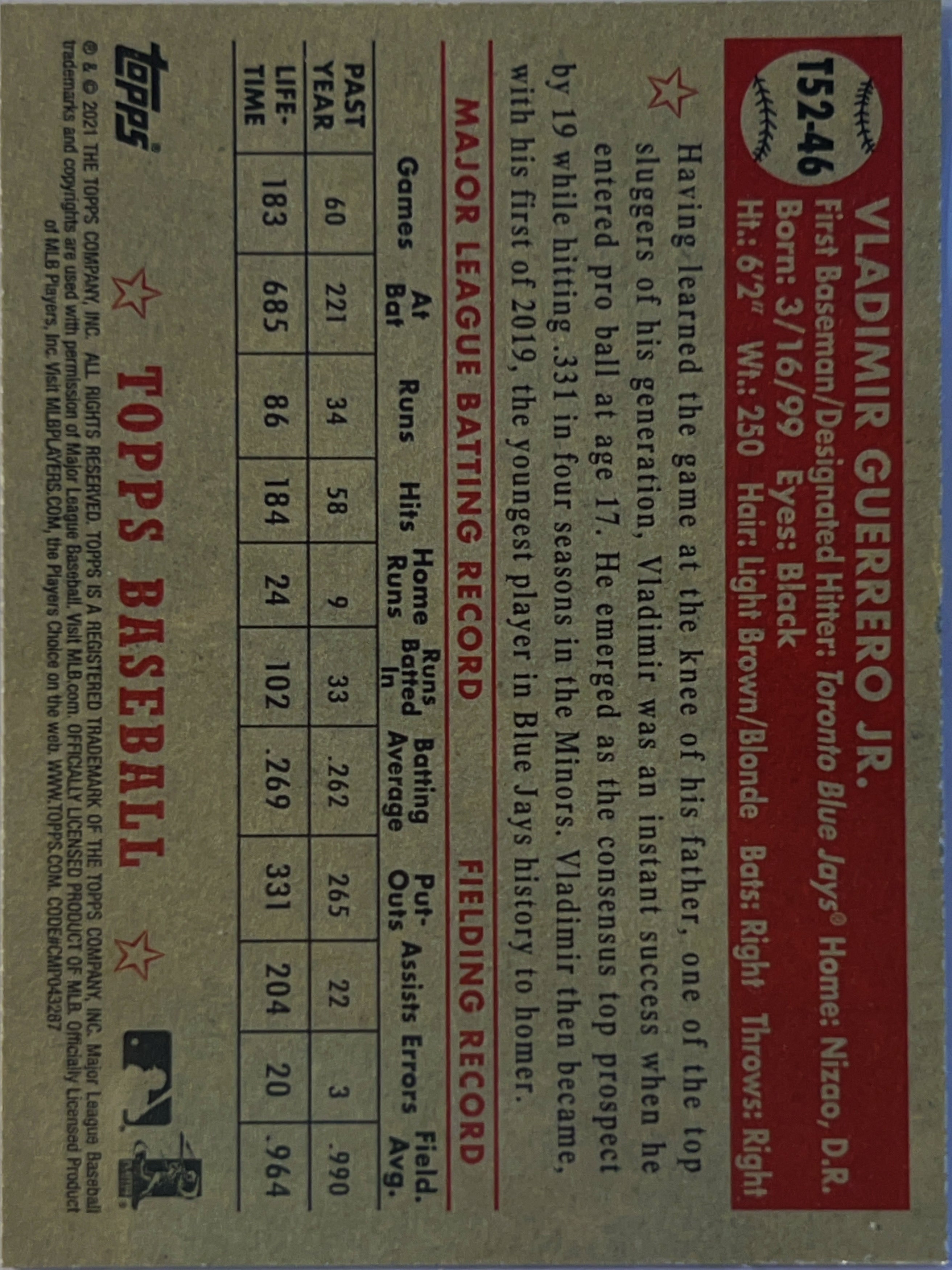2021 Topps 1952 Topps Redux Vladimir Guerrero Jr. #T52-46