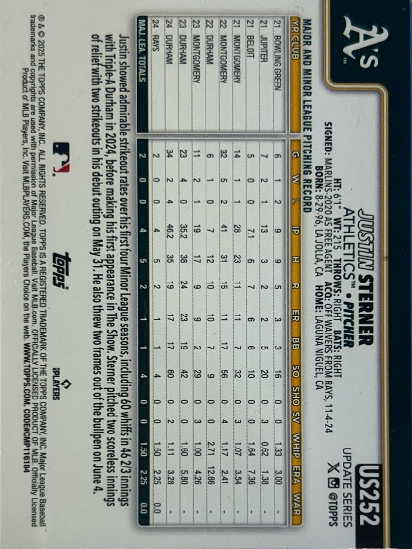 2025 Topps Update Series Justin Sterner #US252 Orange RC