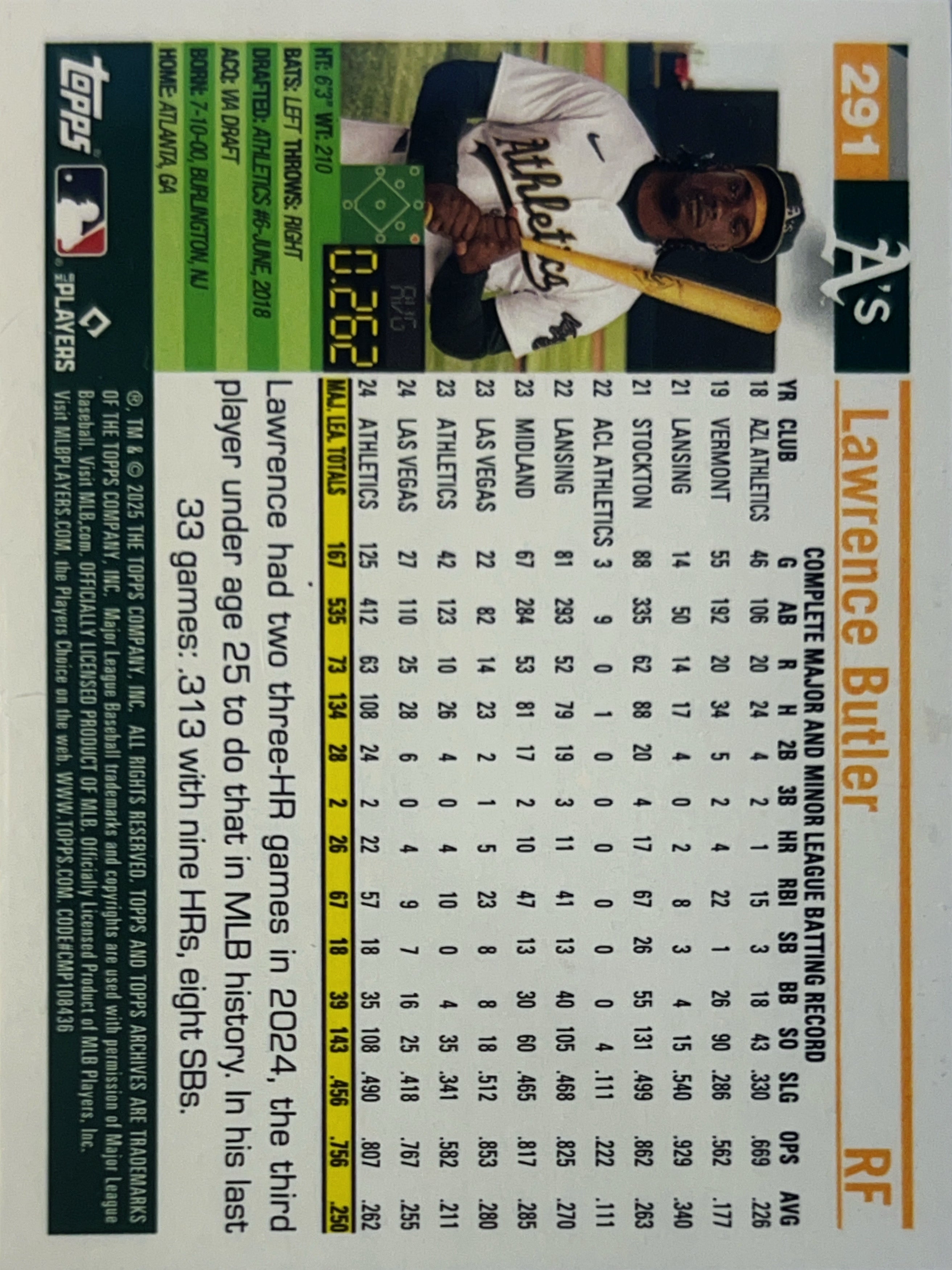 2025 Topps Archives Lawrence Butler #291 Black Gold