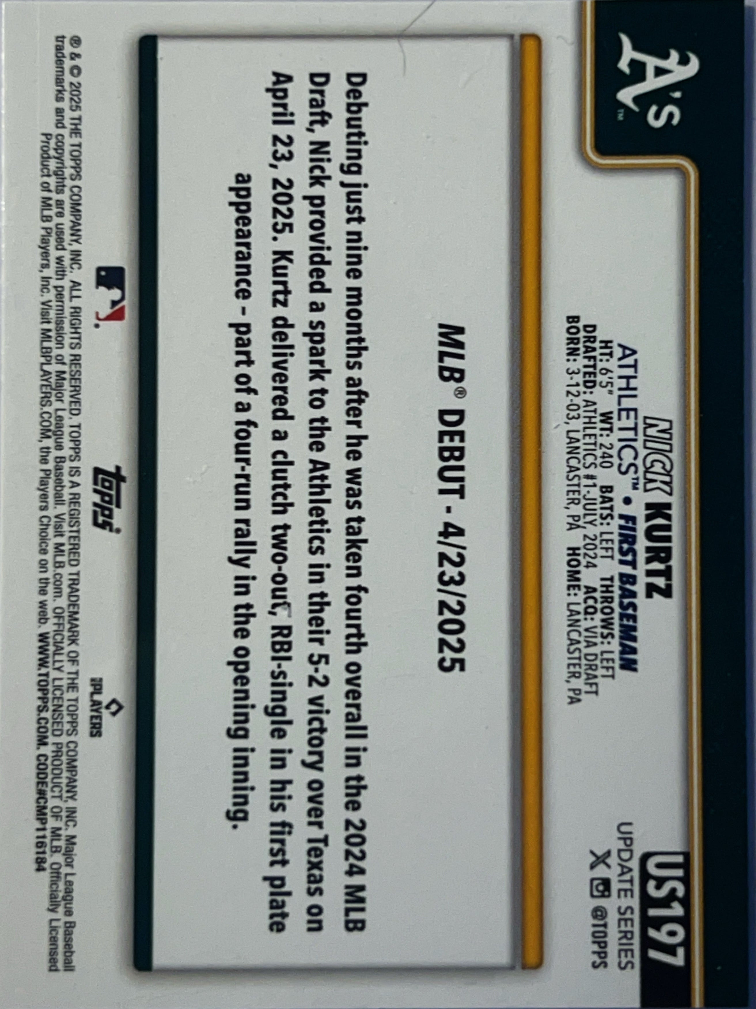 2025 Topps Update Series Nick Kurtz #US197 RC