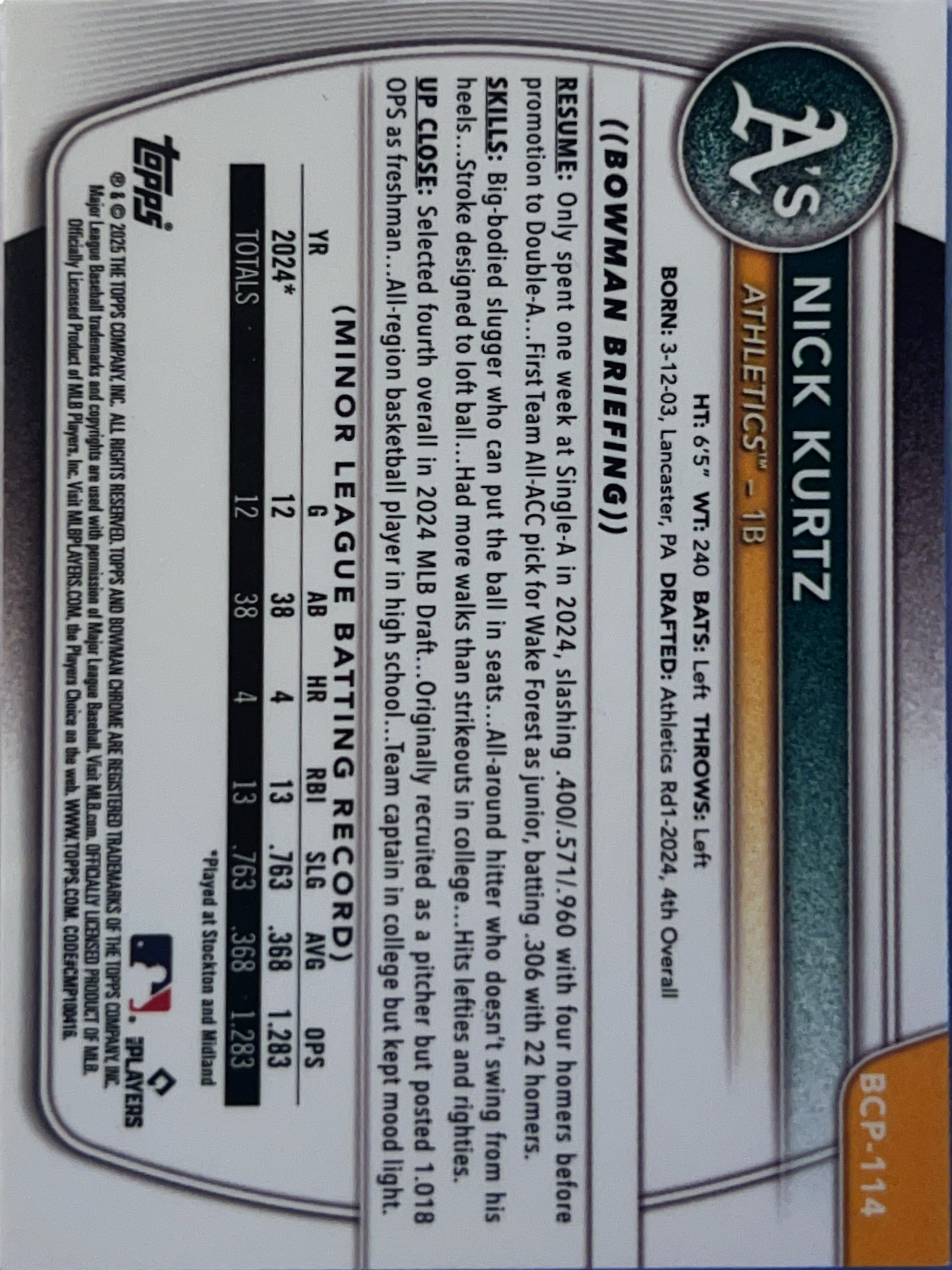 2025 Topps Bowman Chrome Nick Kurtz #BCP-114