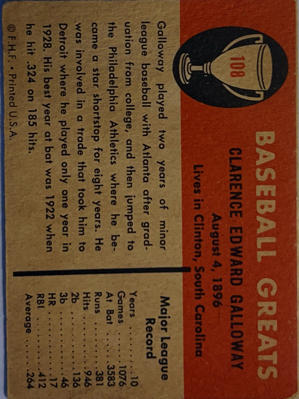 1960 Fleer Baseball Greats Clarence Edward Galloway Chick Galloway #108