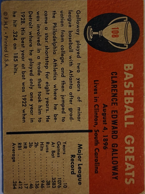 1960 Fleer Baseball Greats Clarence Edward Galloway Chick Galloway #108
