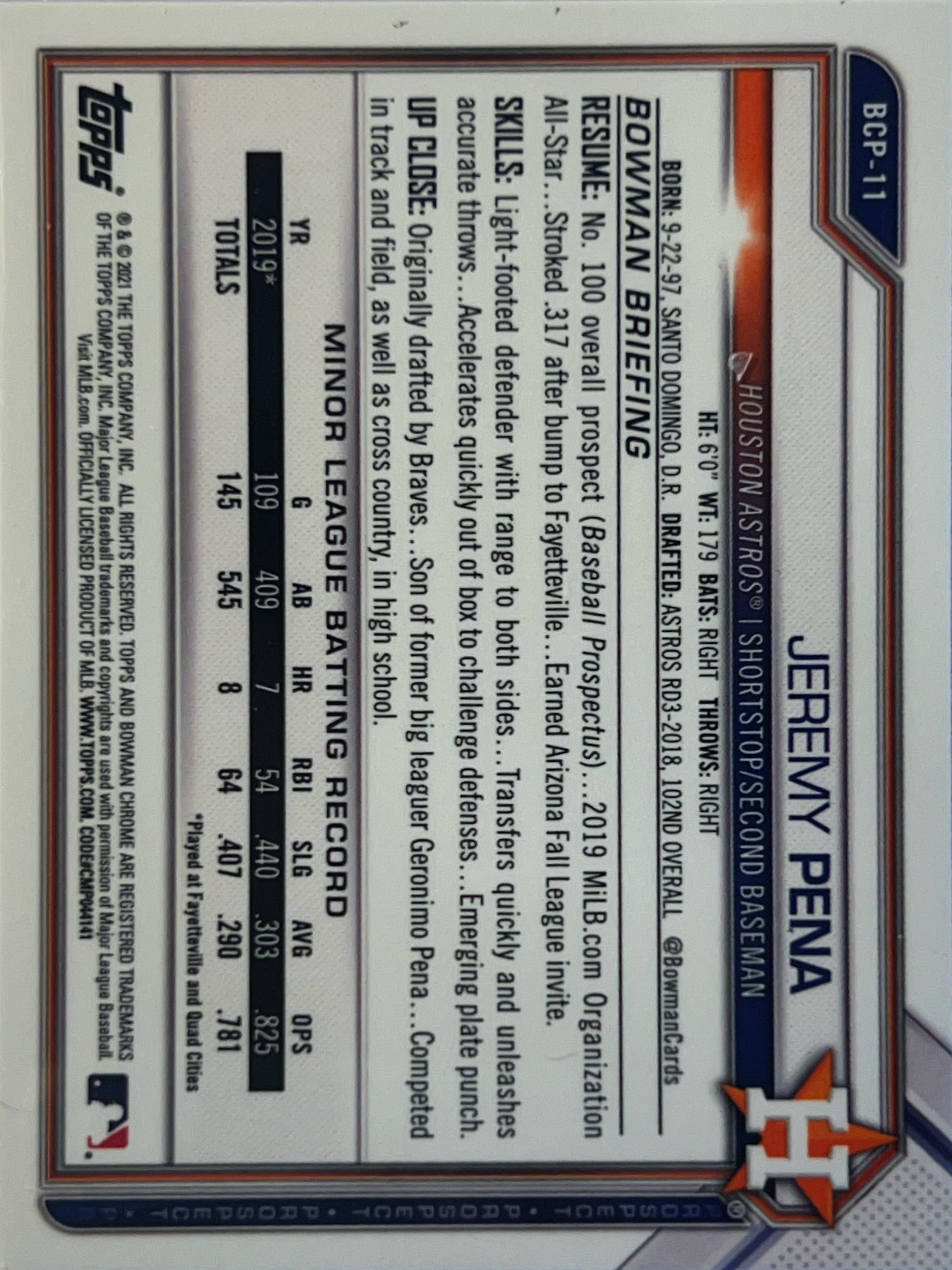 2021 Bowman Chrome Jeremy Pena #BCP-11 Sapphire Refractor