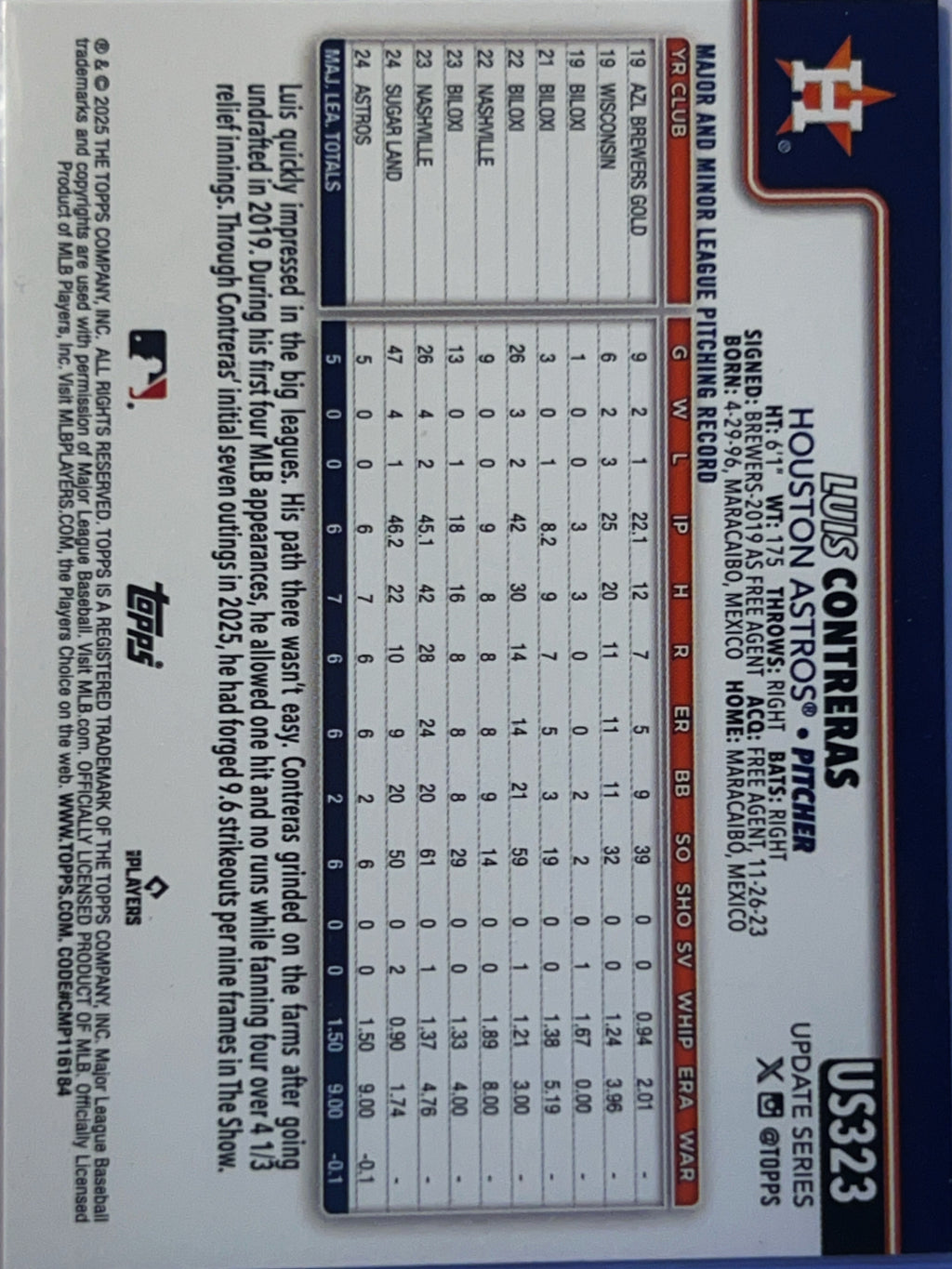 2025 Topps Update Series Luis Contreras #US323 Orange RC