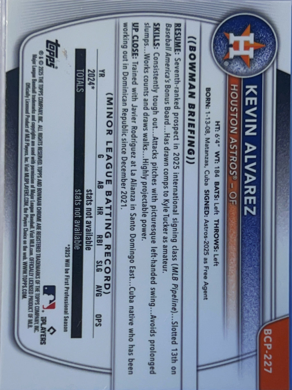 2025 Bowman Chrome Kevin Alvarez #BCP-227 Mojo Refractor 1st Bowman