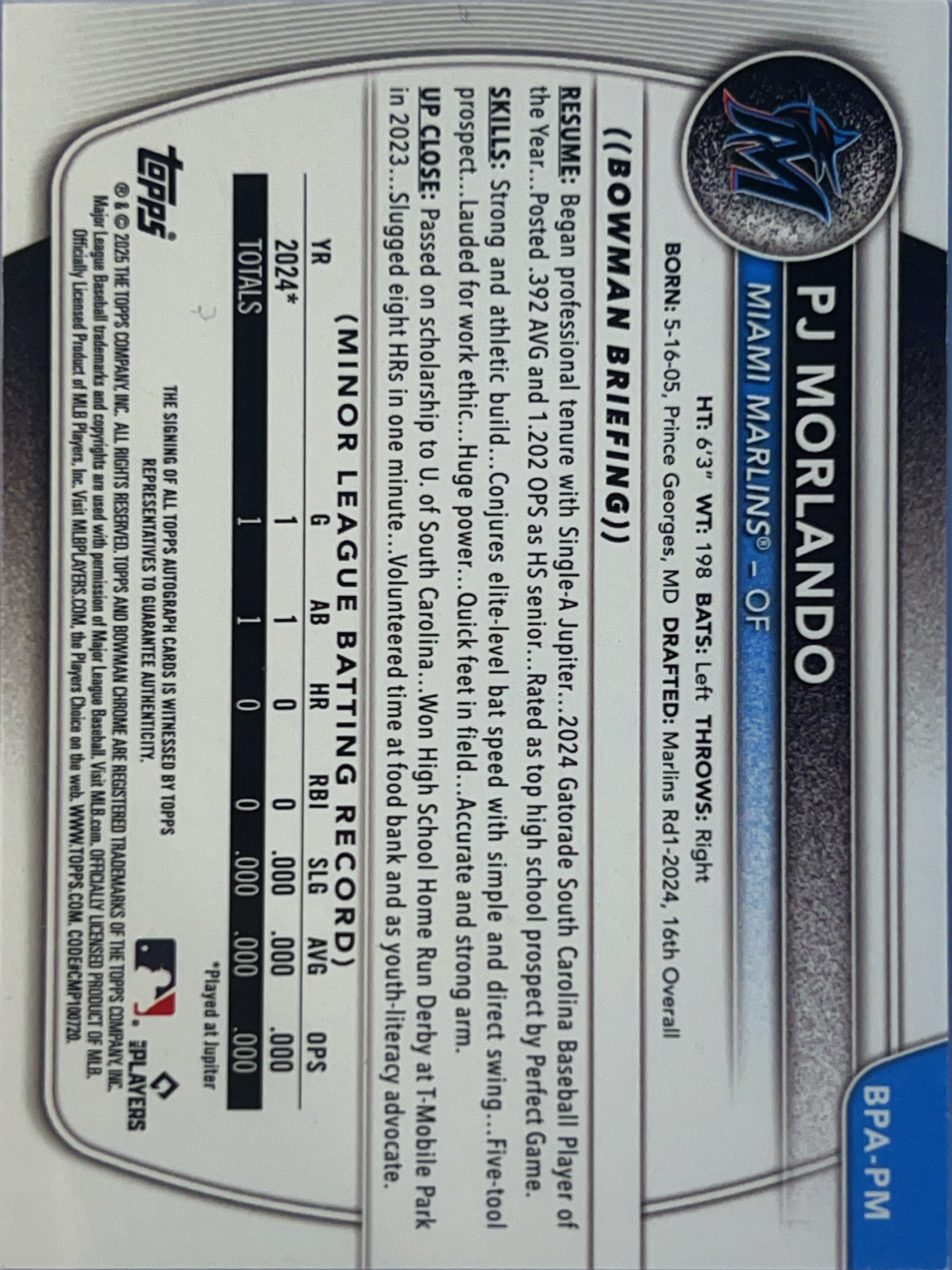 2025 Topps Bowman PJ Morlando #BPA-PM Purple 1st Bowman