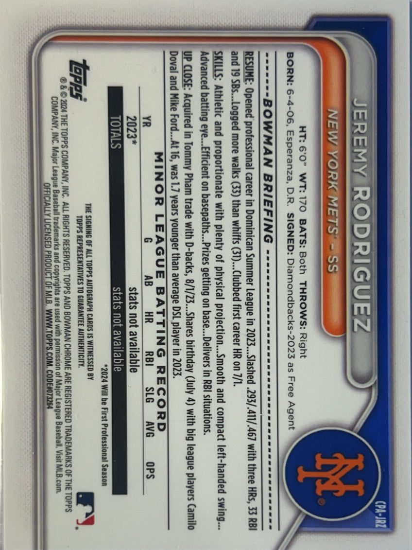 2024 Bowman Chrome Jeremy Rodriguez #CPA-JRZ Topps Autograph Issue 1st Bowman