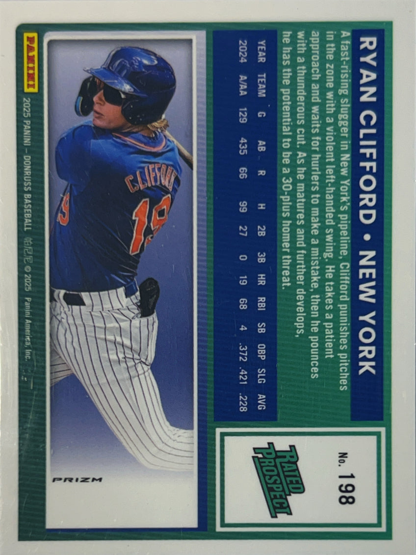 2025 Panini Donruss Optic Prizm Ryan Clifford #198 Black Rated Prospect