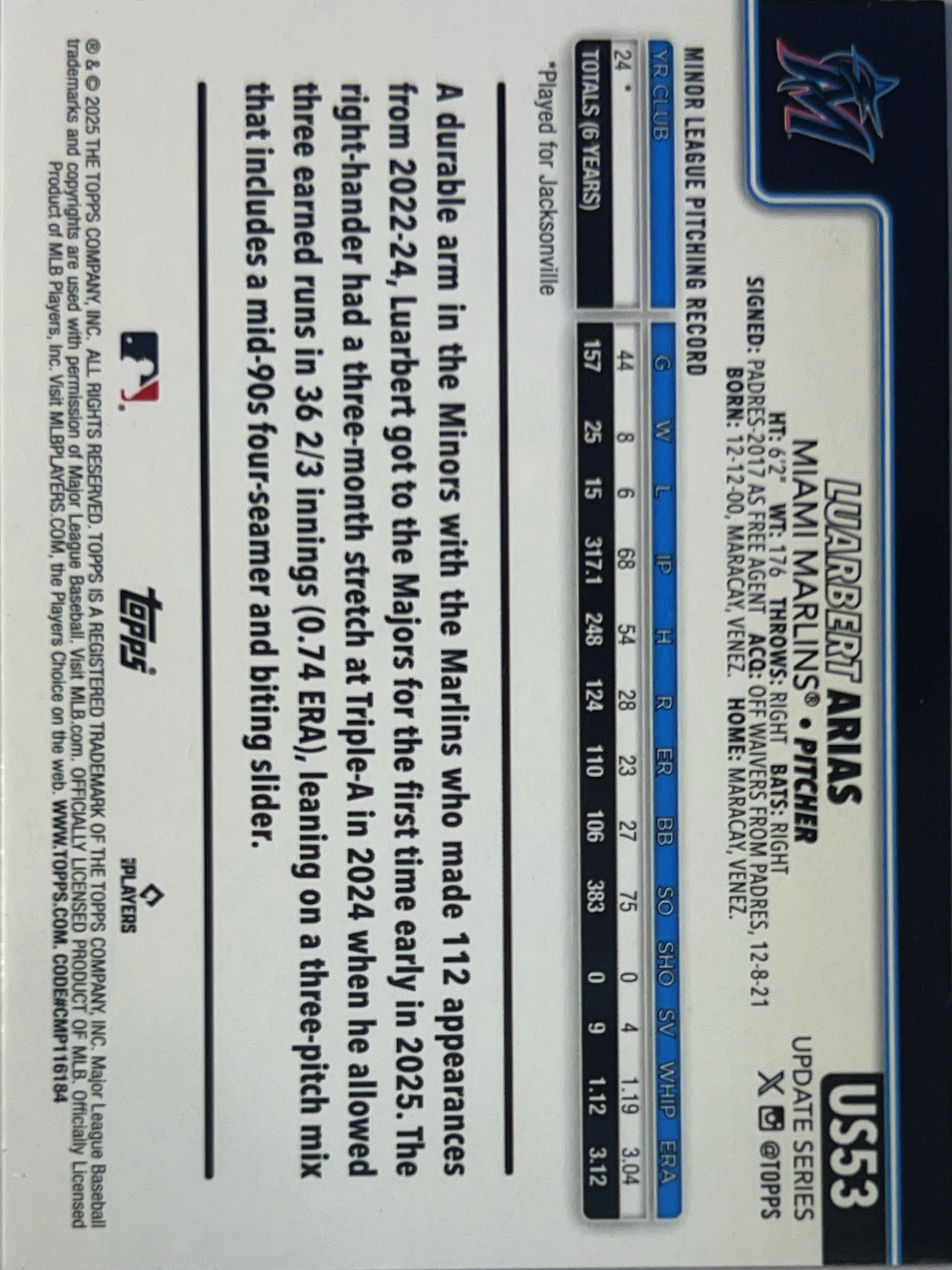 2025 Topps Update Series Luarbert Arias #US53 Halloween Ghost RC