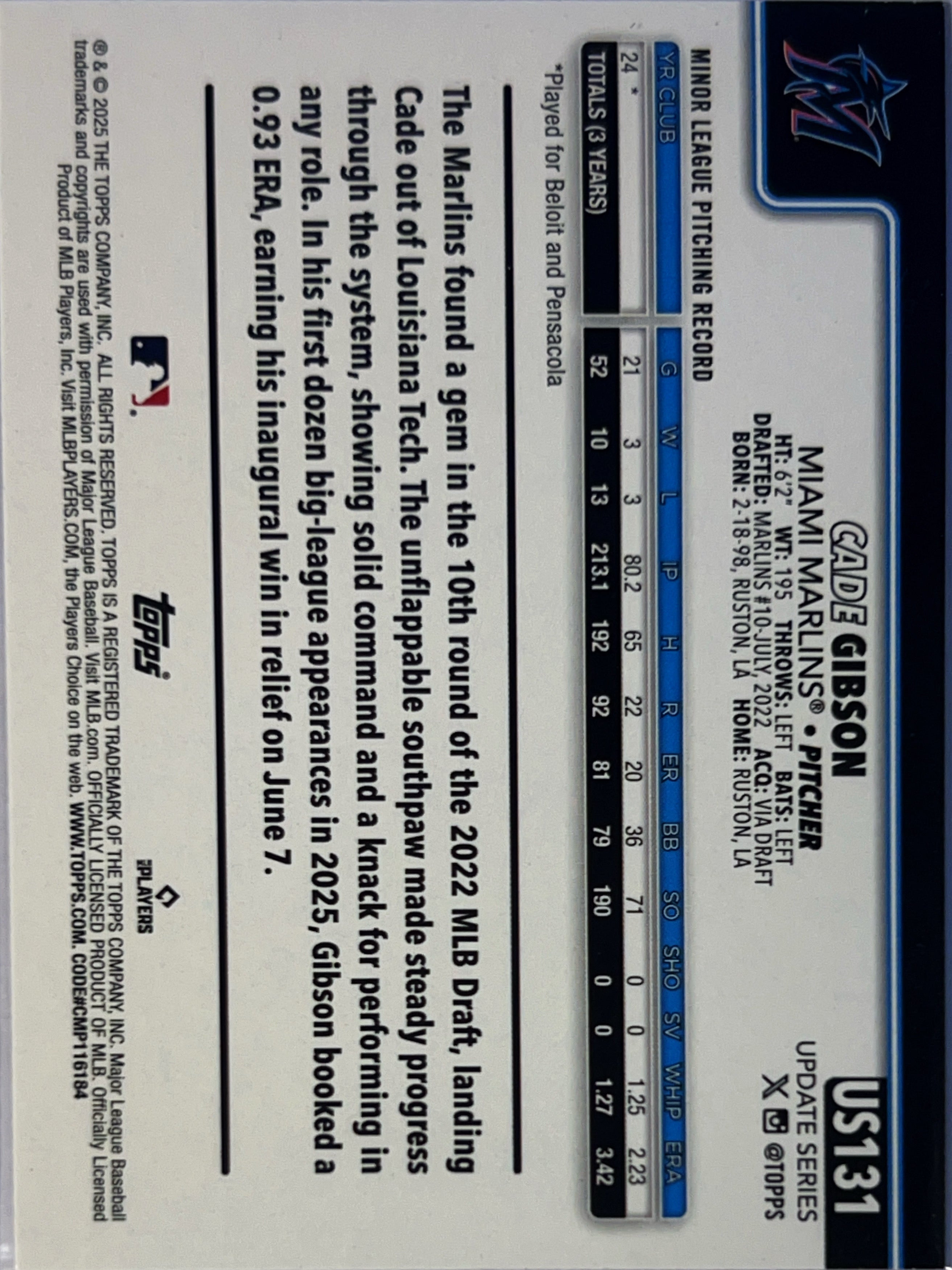 2025 Topps Update Series Cade Gibson #US131 Rainbow Foil RC