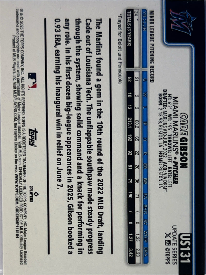 2025 Topps Update Series Cade Gibson #US131 Rainbow Foil RC