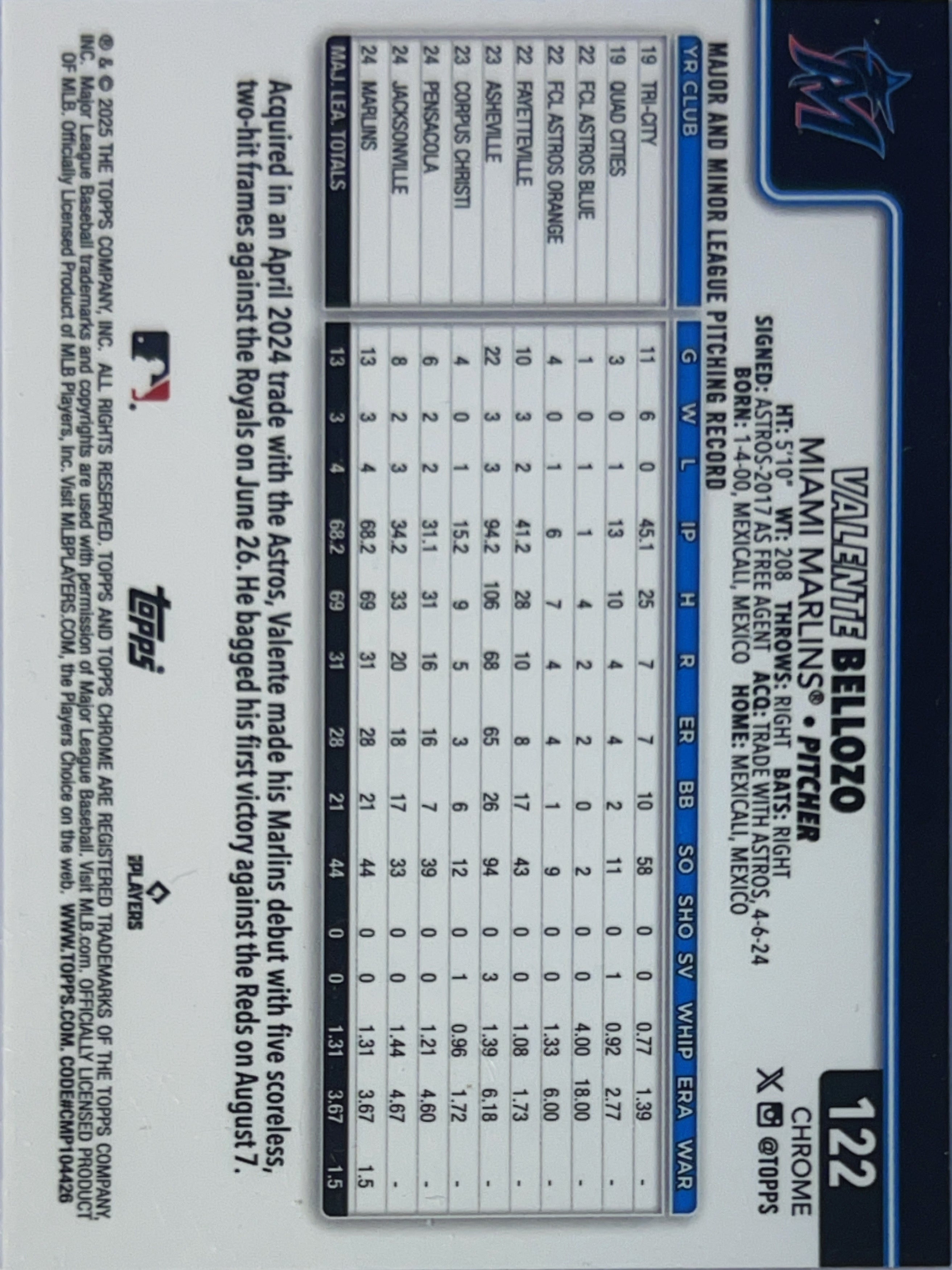 2025 Topps Chrome Valente Bellozo #122 RC