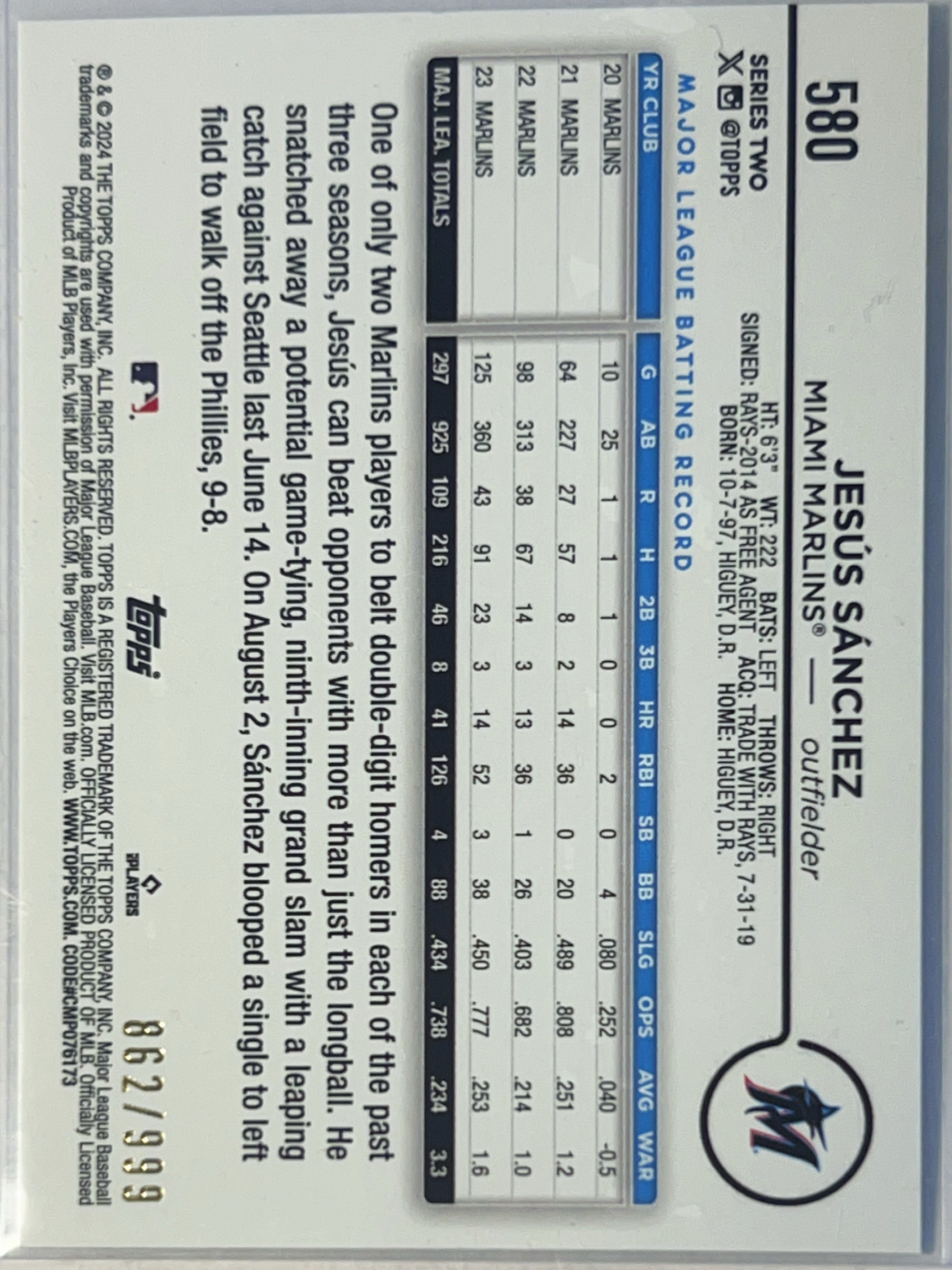 2024 Topps Series 2 Jesús Sánchez #580 Blue Foil Board