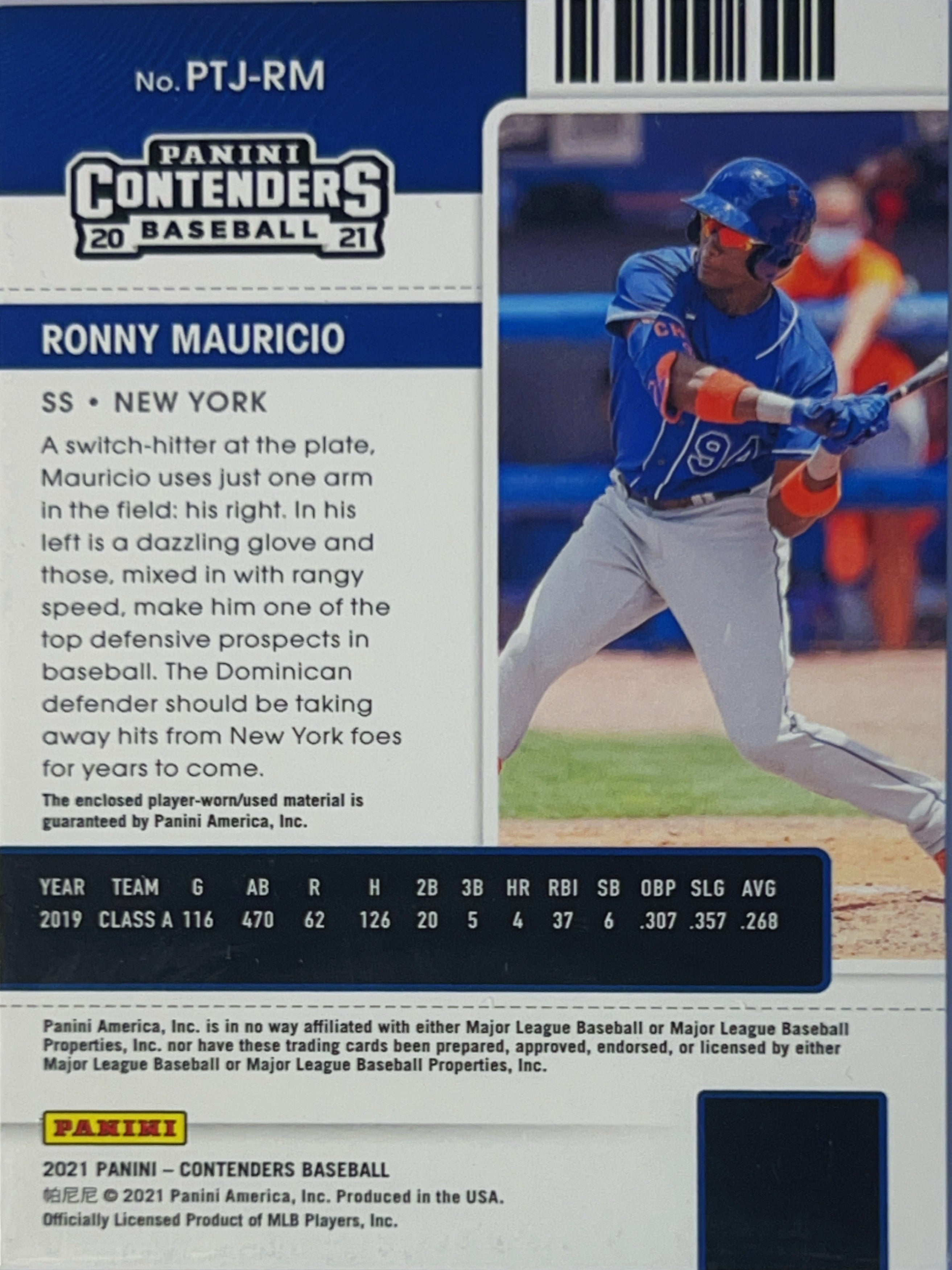 2021 Panini Contenders Ticket Ronny Mauricio #PTJ-RM Jersey Patch Memorabilia