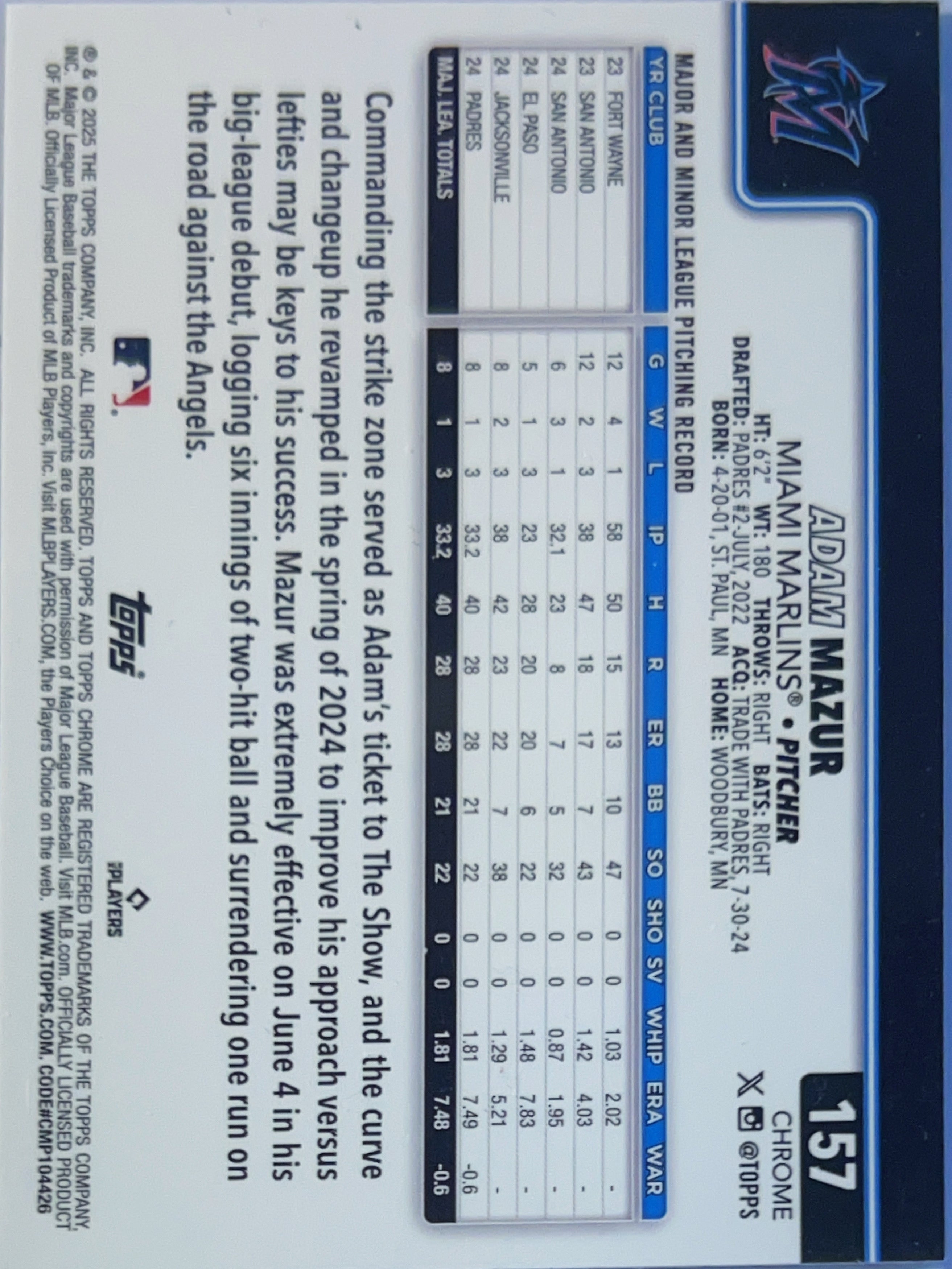 2025 Topps Chrome Adam Mazur #157 Green RayWave /99 RC