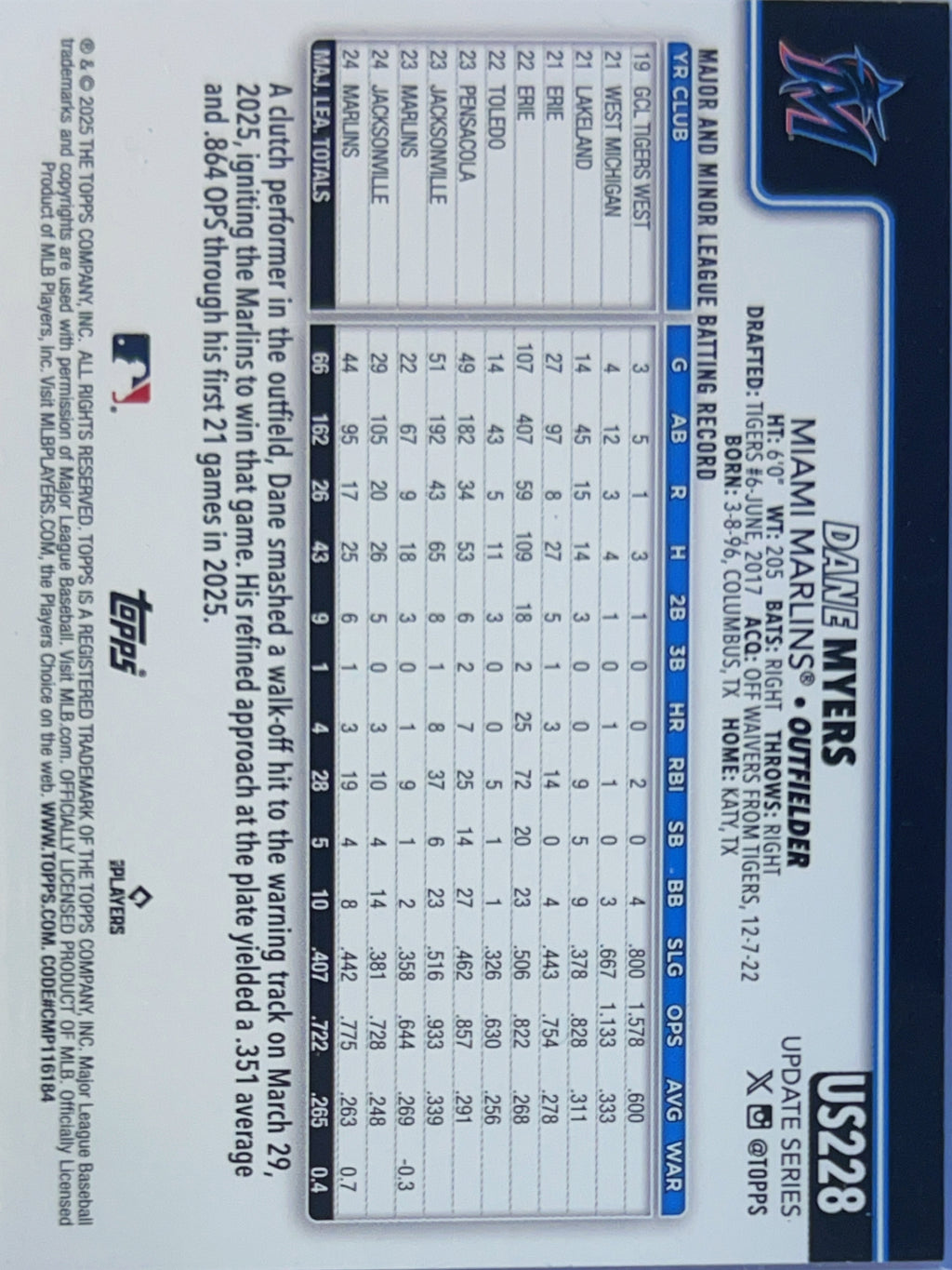 2025 Topps Update Series Dane Myers #US228 Orange Foil